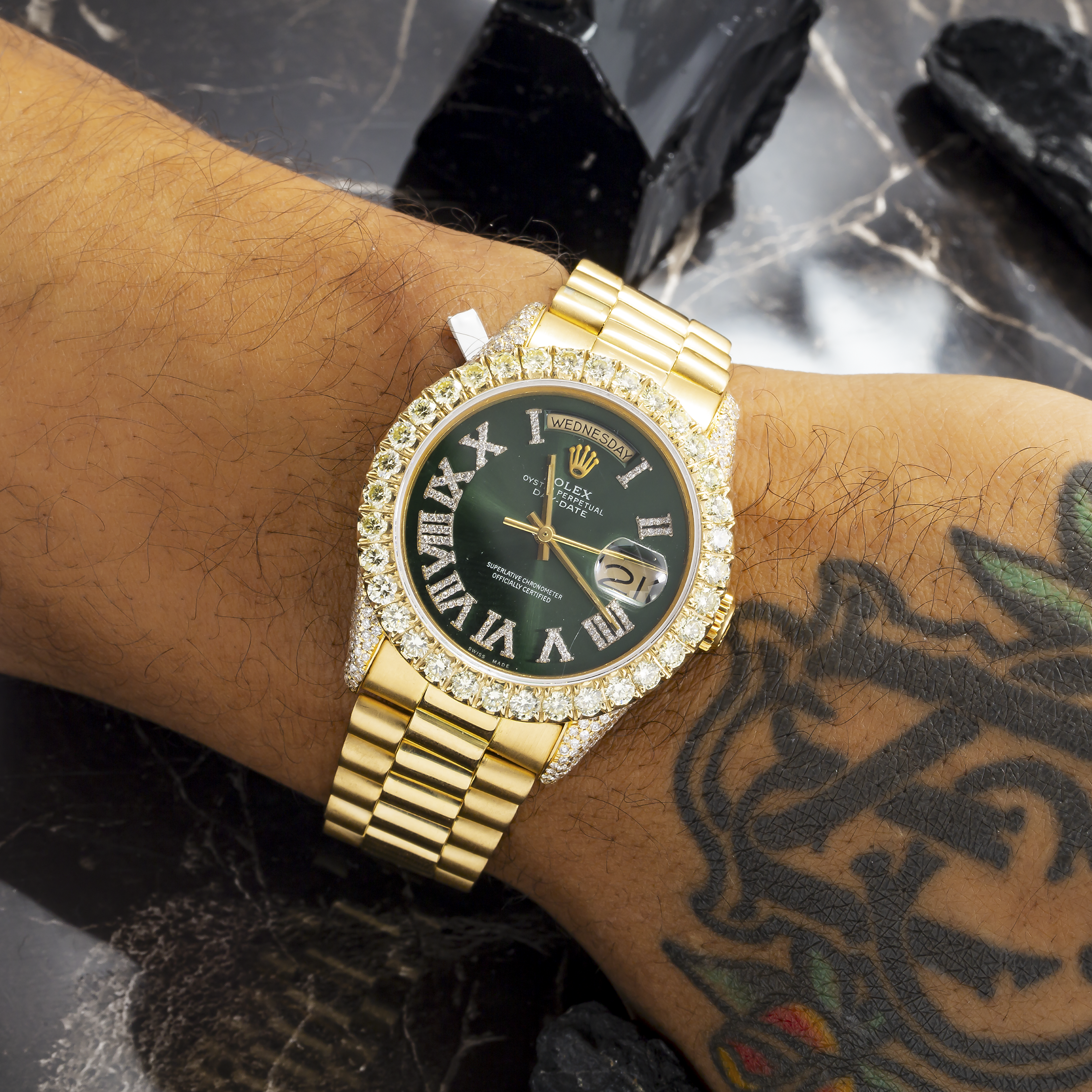 Rolex Day-Date 18038 36MM Green Diamond Dial And Bezel With Yellow Gold Presidential Bracelet 17.50 CT