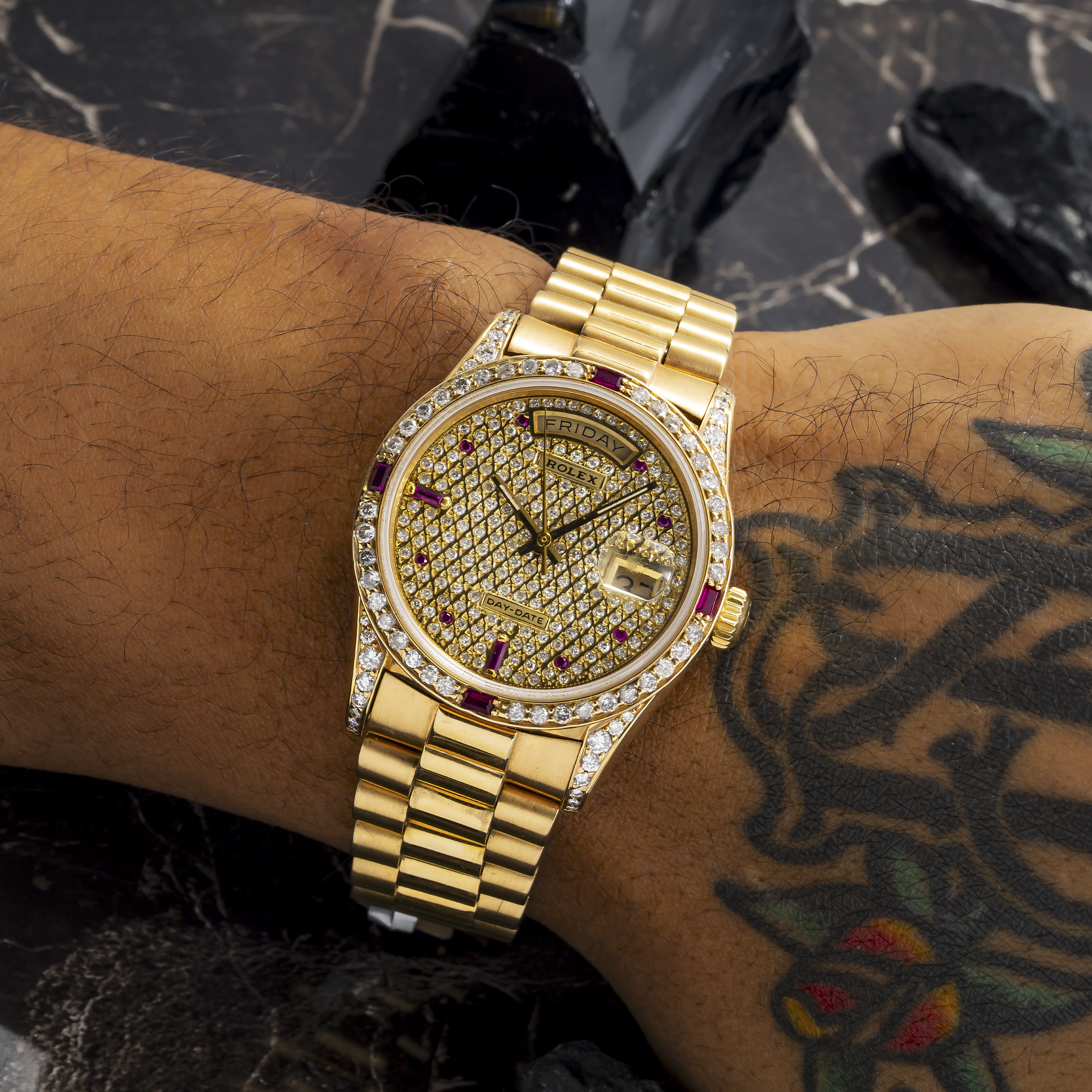 Rolex Day-Date 18038 36MM Diamond And Gemstone Dial And Bezel With Yellow Gold Presidential Bracelet