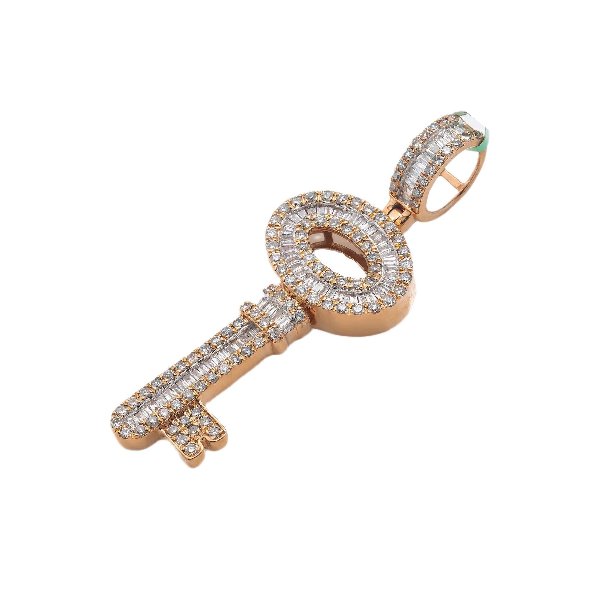 14K GOLD BAGUETTE AND ROUND DIAMOND KEY PENDANT 1.60 CT