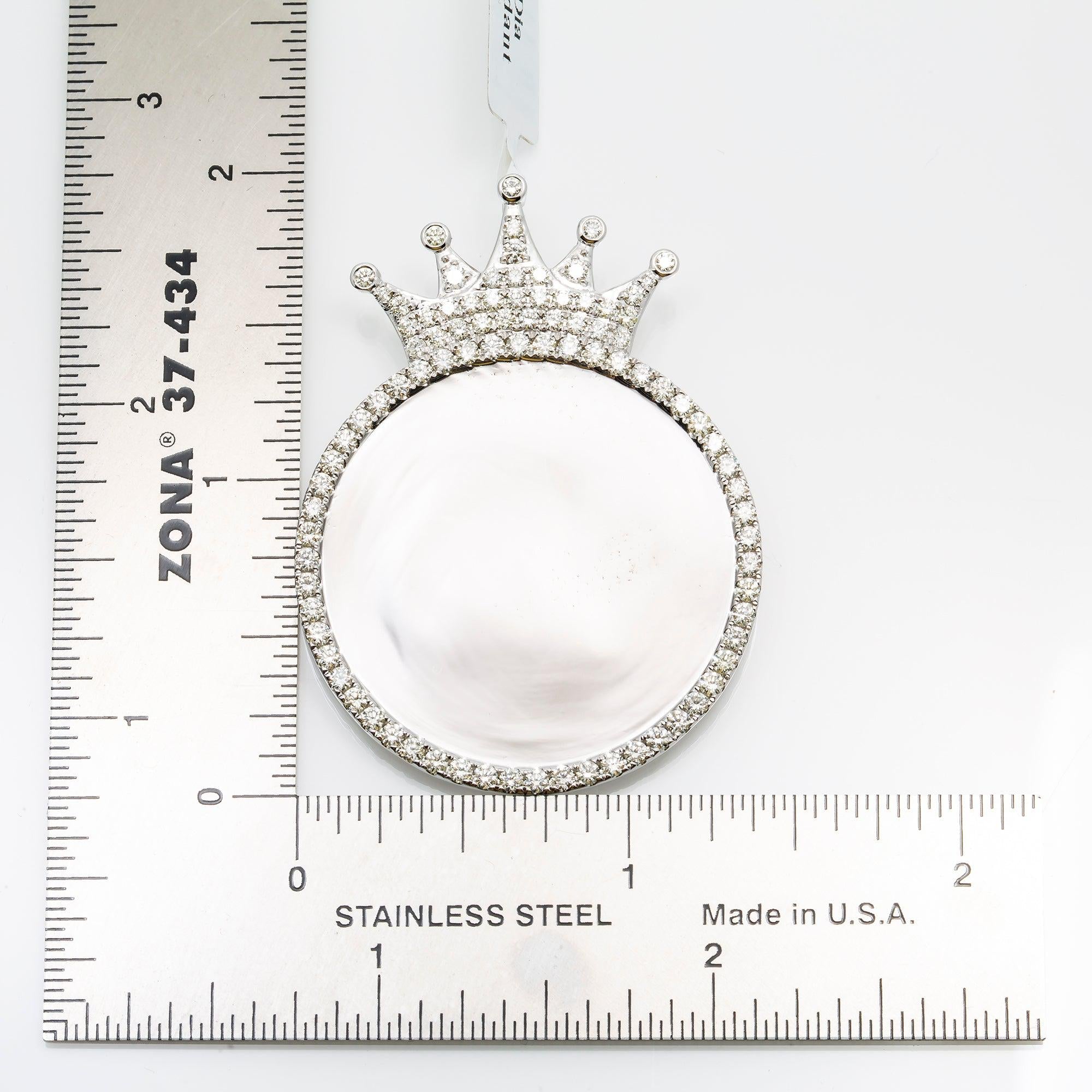 14K WHITE GOLD ROUND DIAMOND CIRCLE WITH CROWN PICTURE PENDANT 2.47 CT