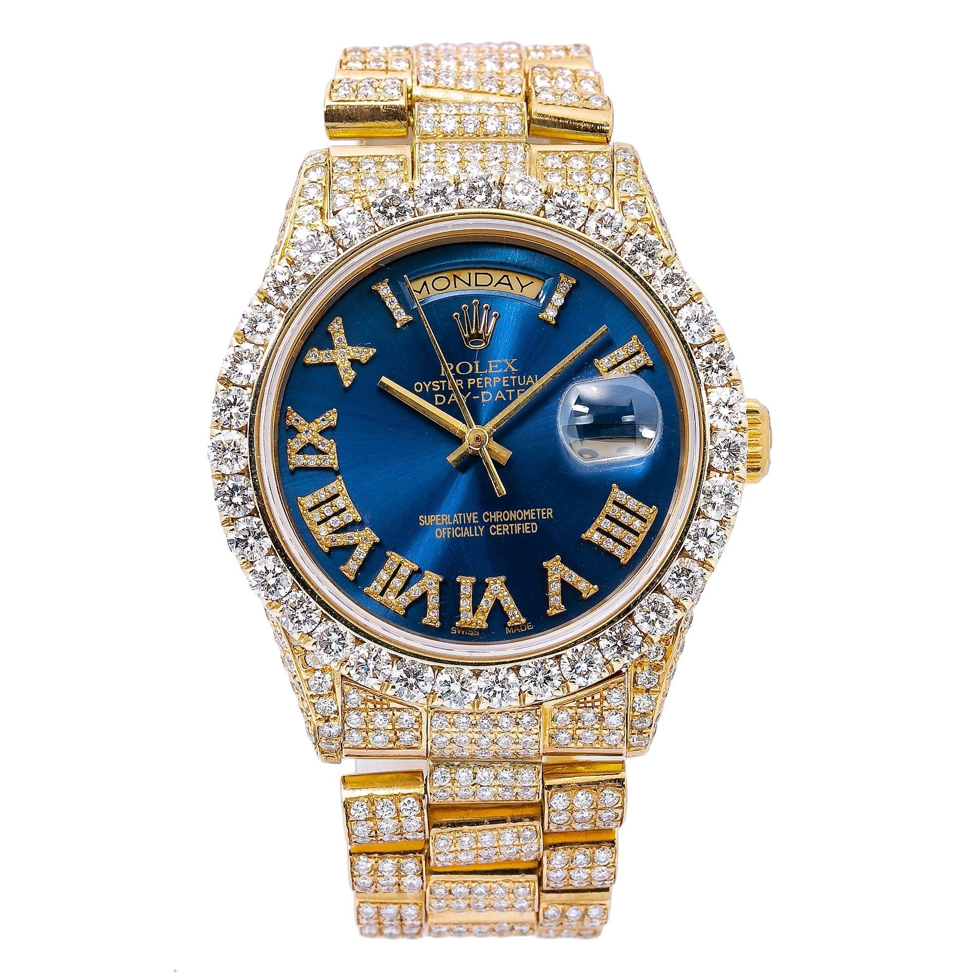 Rolex Day-Date 36MM 18038 Blue Roman Dial Diamond Bezel 18K Yellow Gold Full Diamond President Bracelet 9.25ct