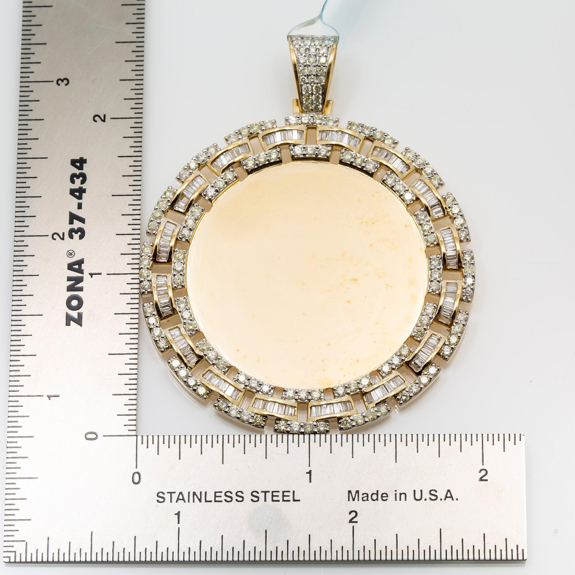 14K YELLOW GOLD BAGUETTE AND ROUND DIAMOND CIRCLE PICTURE PENDANT 4.23 CT