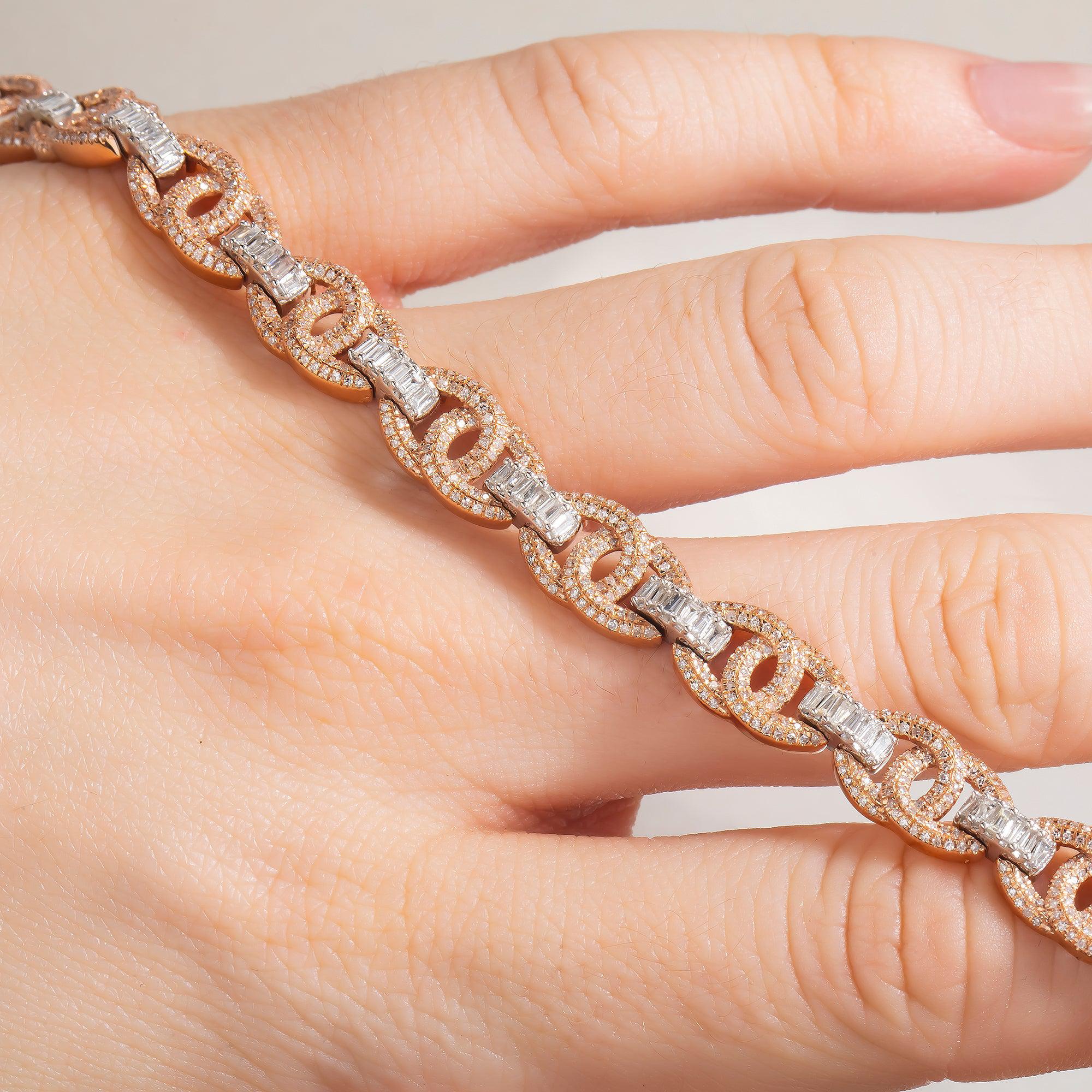 10K GOLD BAGUETTE DIAMONDS PUFF CHAIN BRACELET 3.00 CT