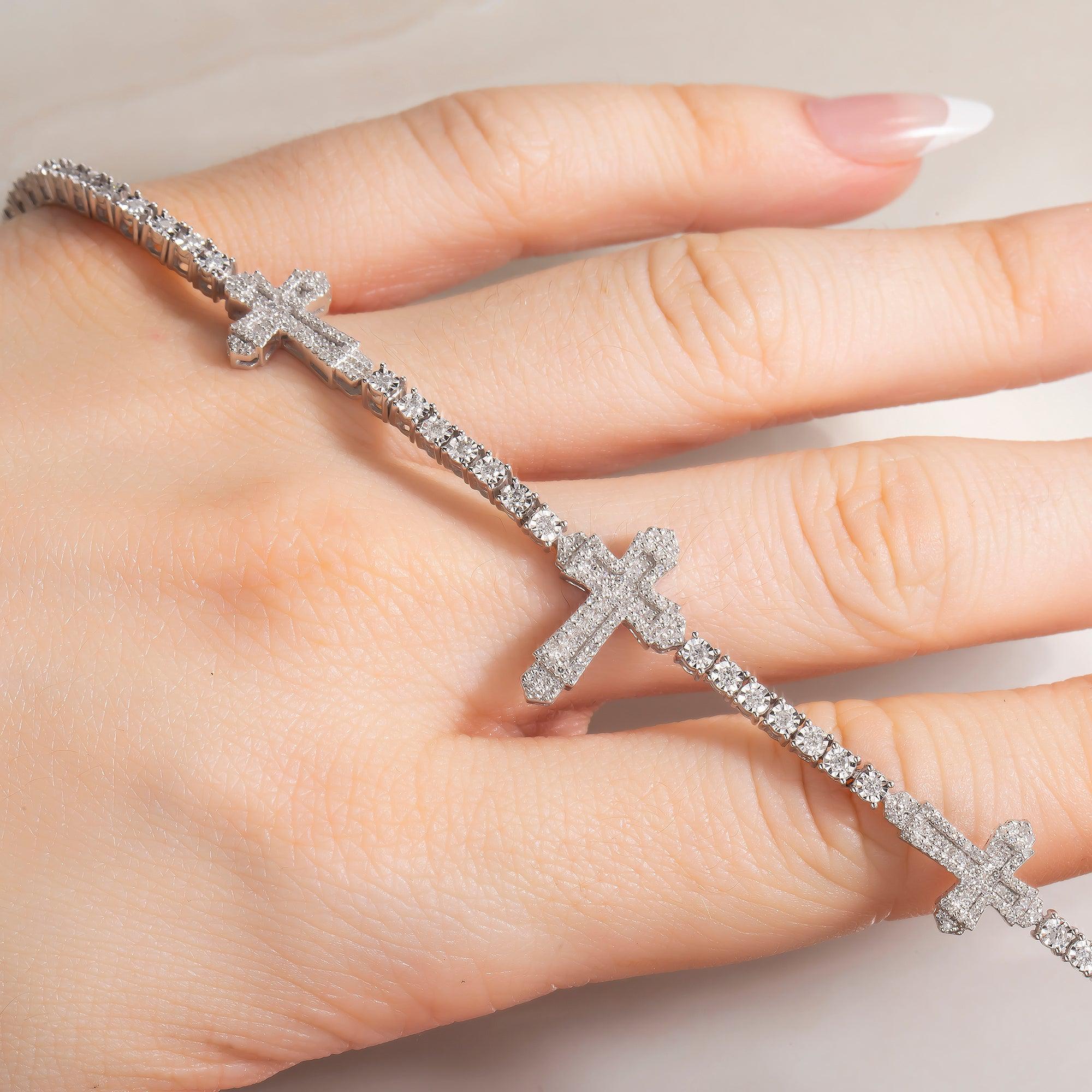 10K GOLD ROUND DIAMONDS CROSS TENNIS BRACELET 1.25 CT