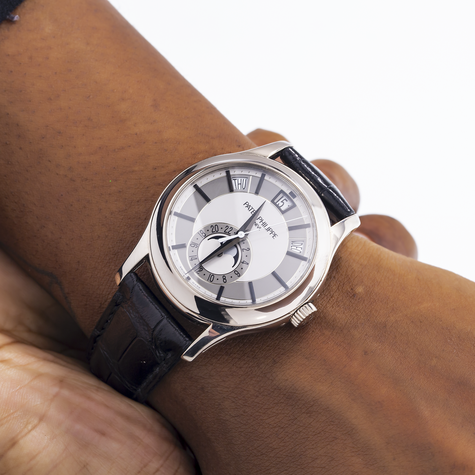 Patek Philippe Annual Calendar 5205G 40MM Rhodium And Silvery Gray Dial With Shiny Black Alligator Strap