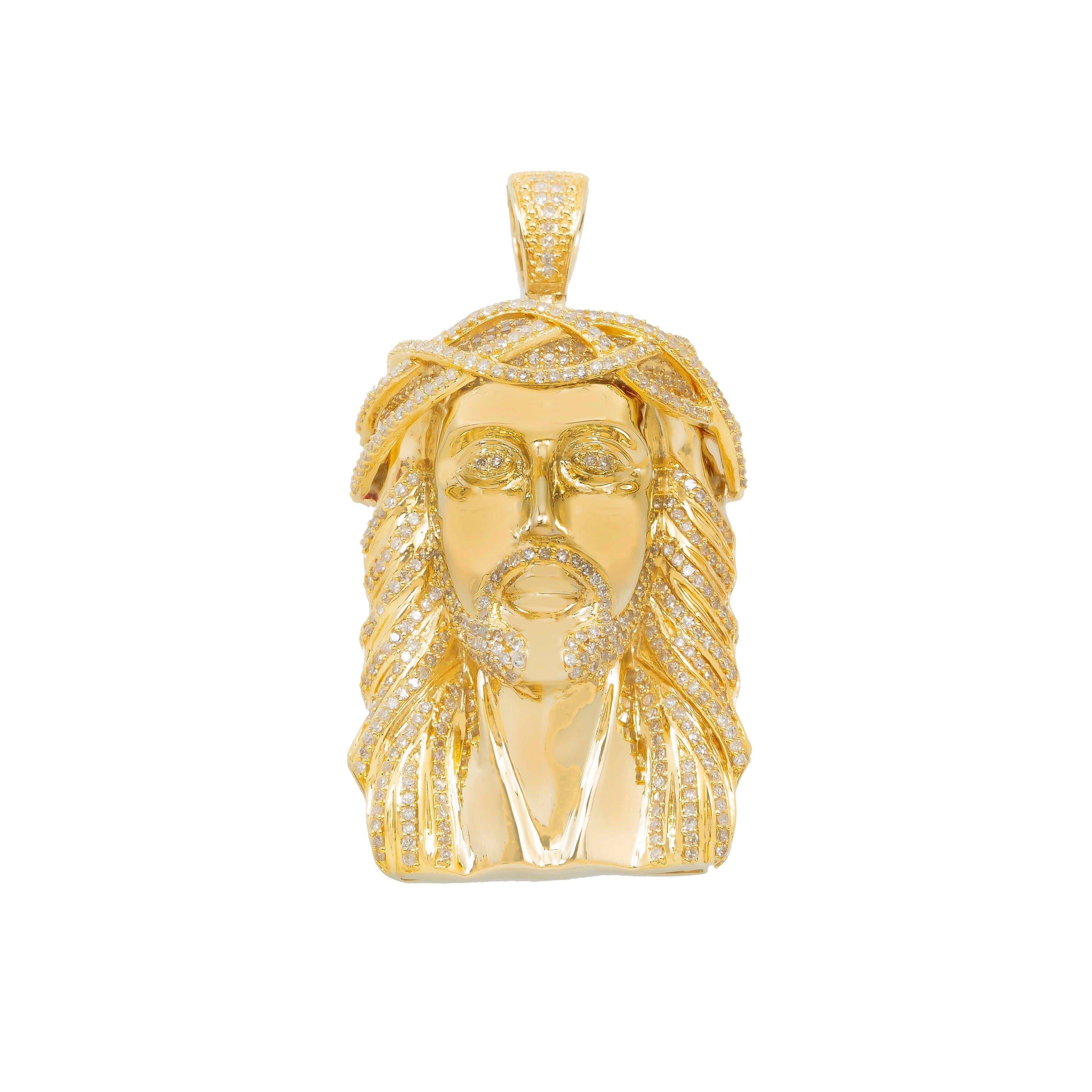 14K GOLD DIAMOND JESUS HEAD WITH CROWN OF THORNS PENDANT 2.27 CT
