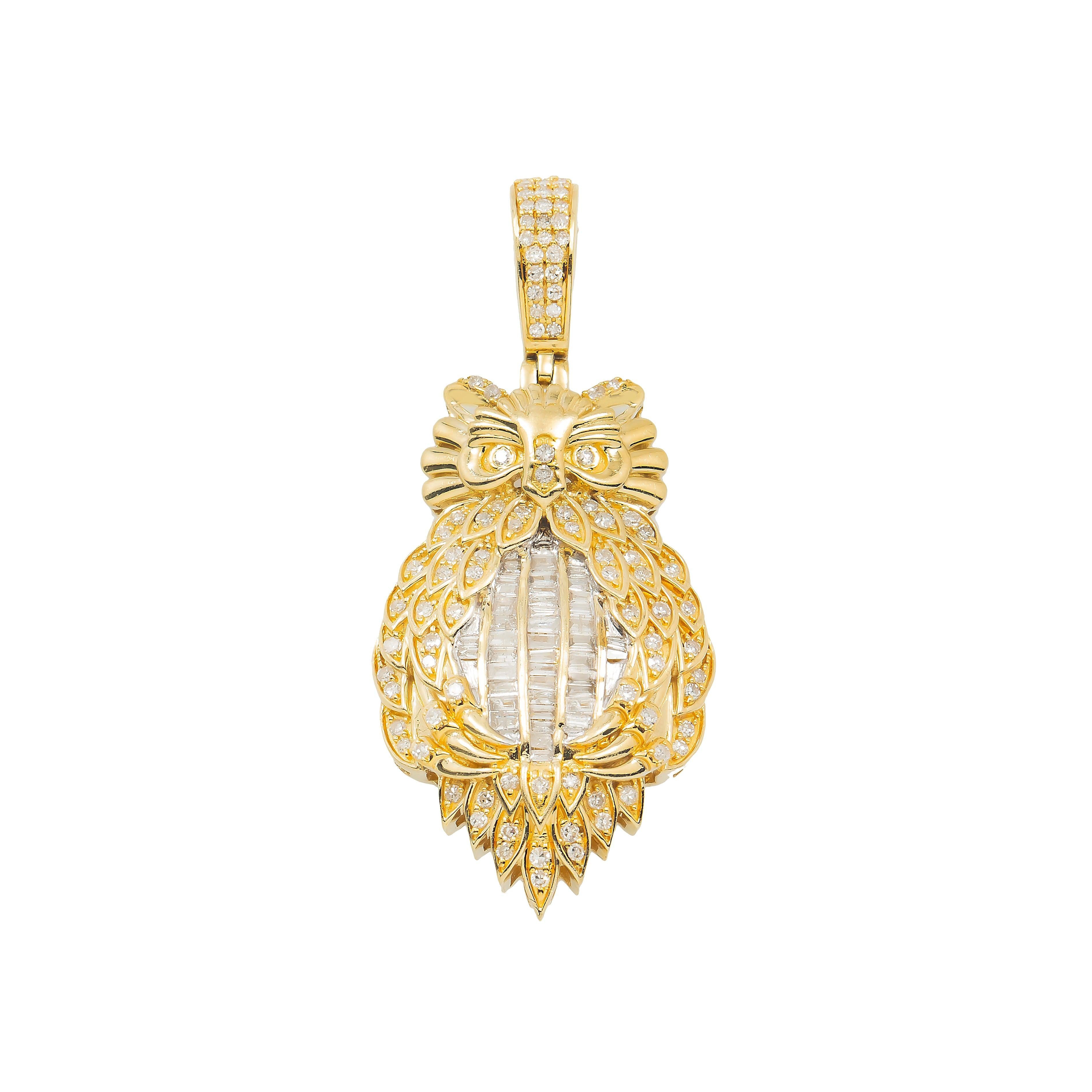 14K GOLD BAGUETTE DIAMOND OWL PENDANT 1.00 CT