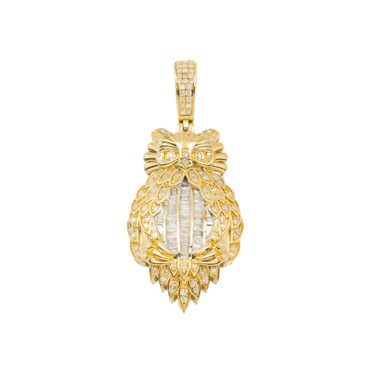 14K GOLD BAGUETTE DIAMOND OWL PENDANT 1.00 CT