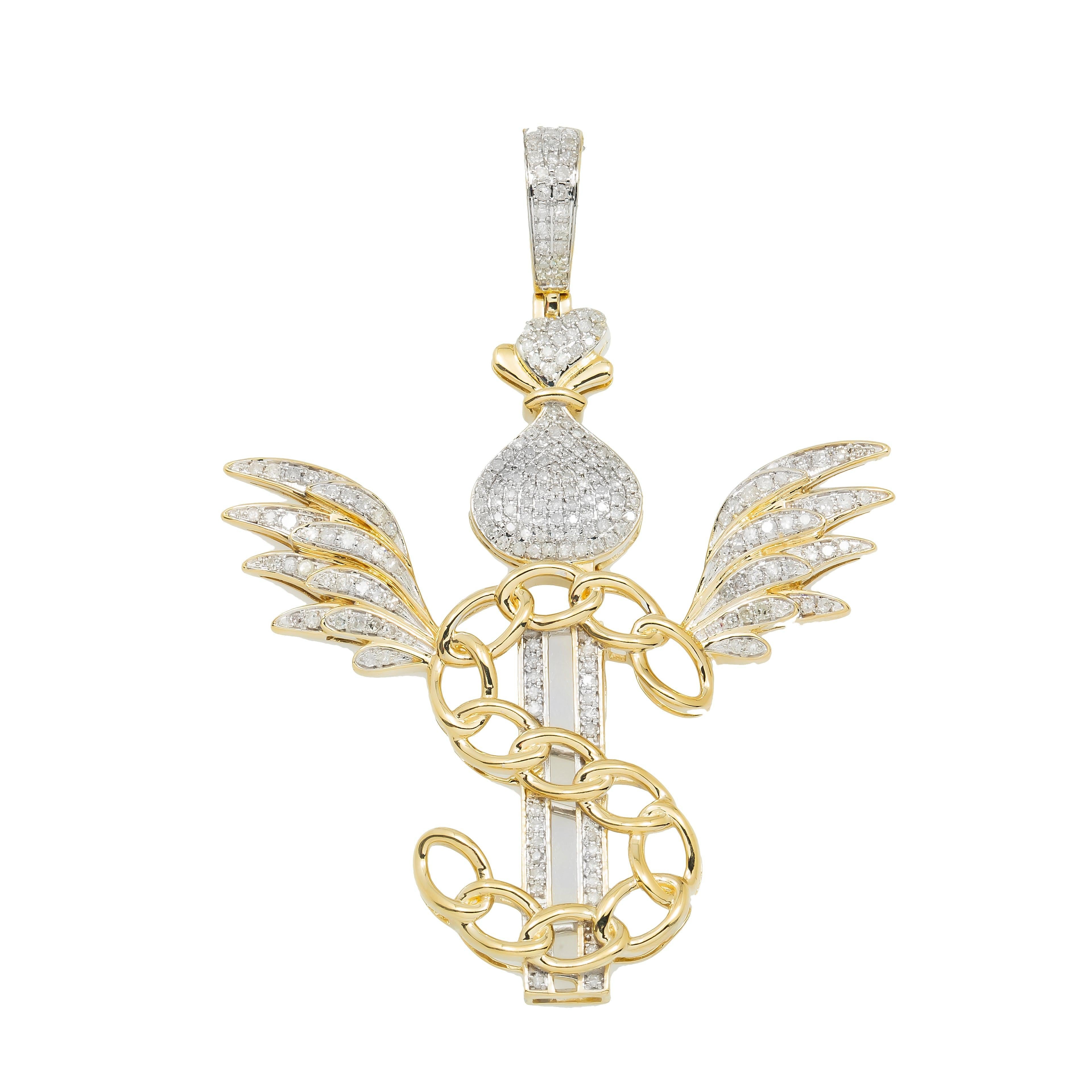 14K GOLD DIAMOND DOLLAR SIGN AND MONEY BAG WITH WINGS PENDANT 0.88 CT