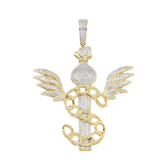14K GOLD DIAMOND DOLLAR SIGN AND MONEY BAG WITH WINGS PENDANT 0.88 CT