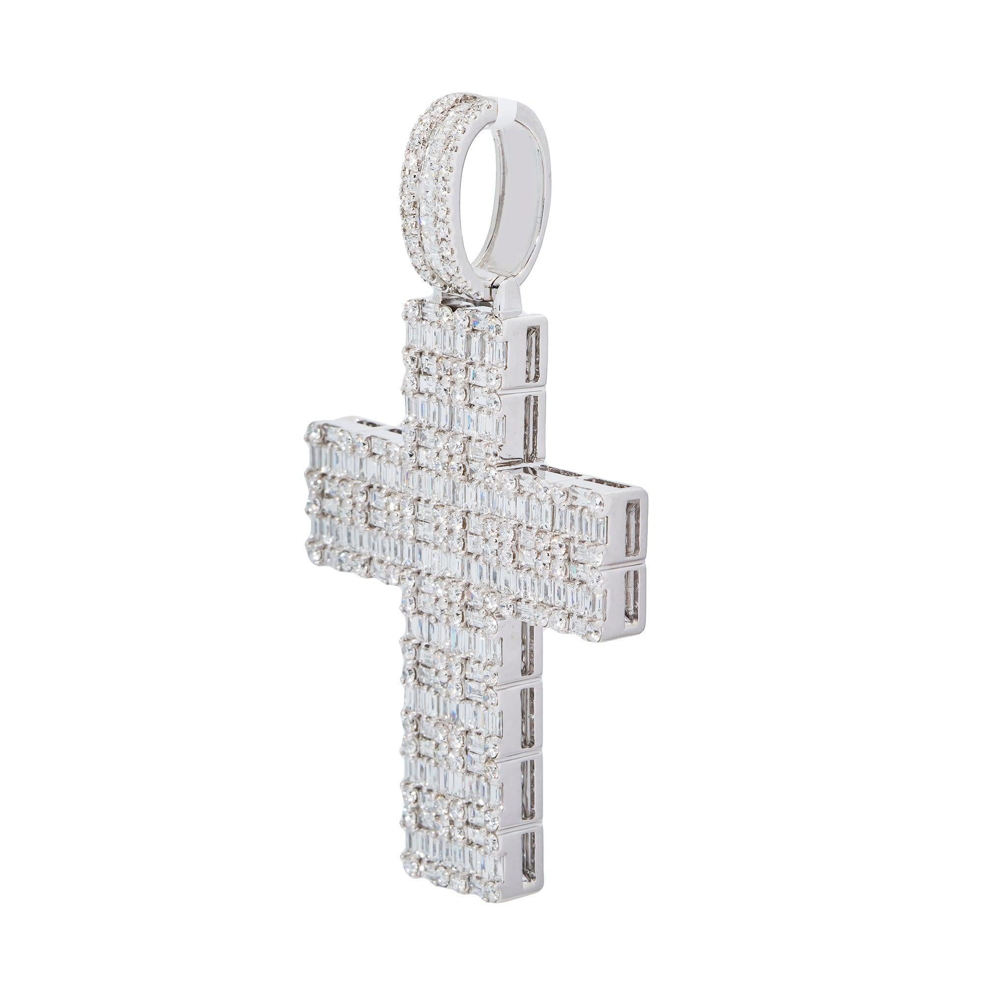 14K WHITE GOLD MEN'S BAGUETTE CROSS PENDANT WITH 3.70 CT DIAMONDS
