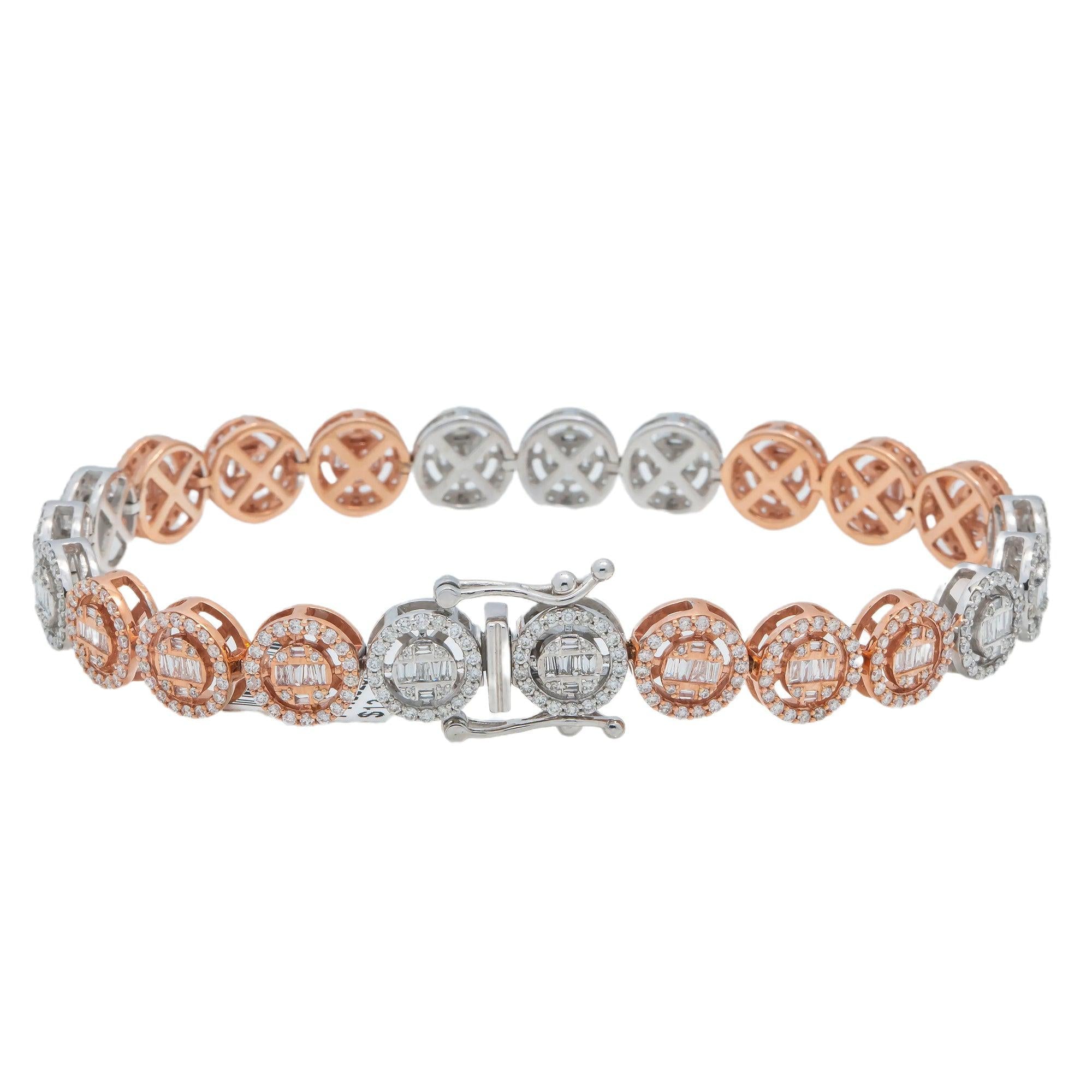 10K GOLD TWO TONE ROUND SHAPE BAGUETTE DIAMONDS BRACELET 4.38 CT