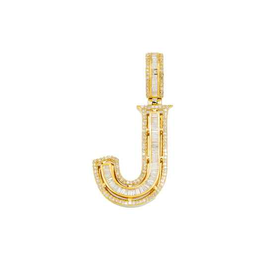 14K GOLD BAGUETTE DIAMOND INITIAL LETTER J PENDANT 0.88 CT