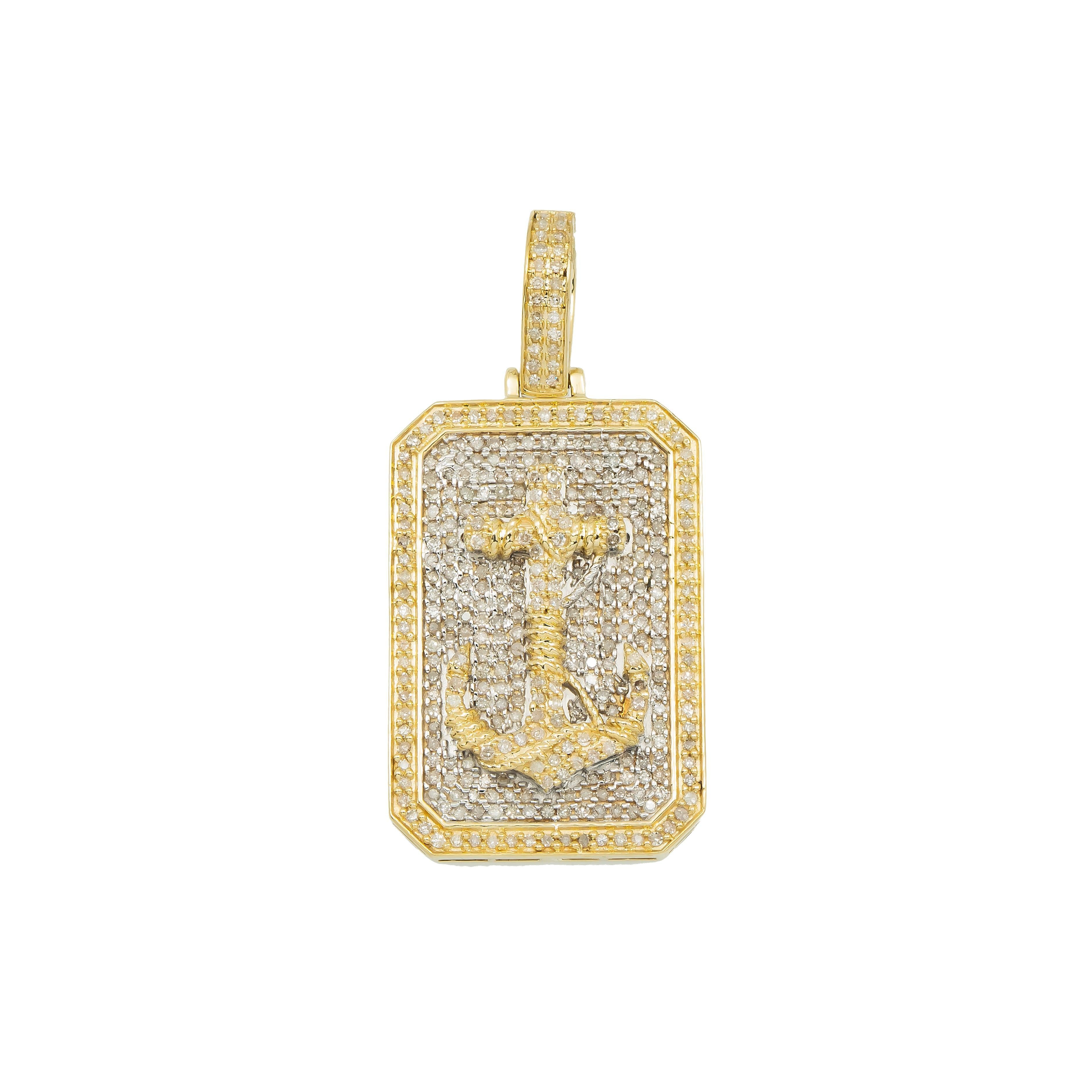 10K GOLD TWO-TONE DIAMOND ANCHOR DOG TAG PENDANT 1.10 CT
