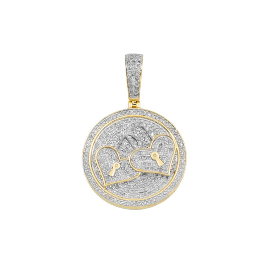 10K GOLD DIAMOND DOUBLE HEART LOCKS COIN PENDANT 1.03 CT