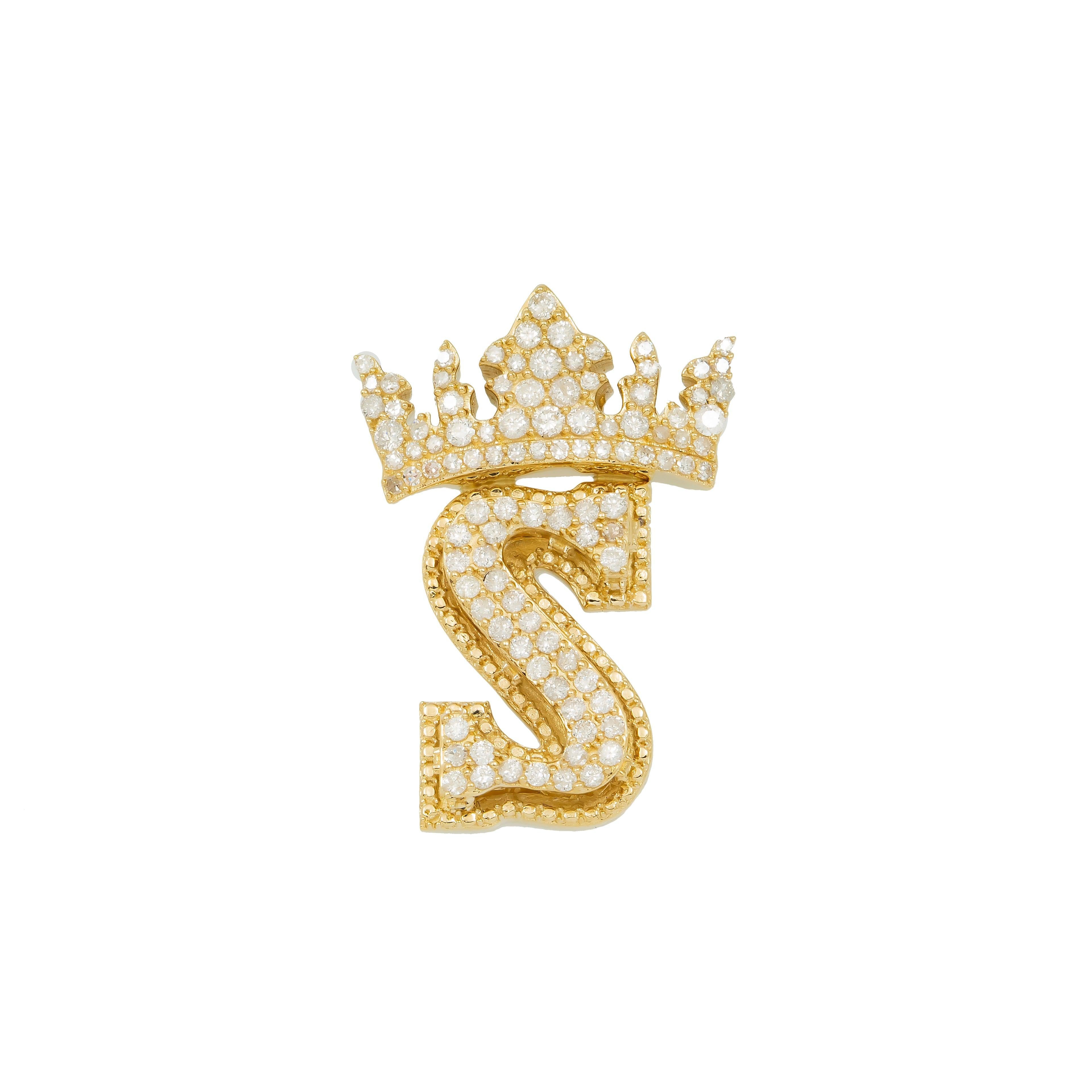 14K GOLD DIAMOND INITIAL LETTER S WITH CROWN PENDANT 0.70 CT