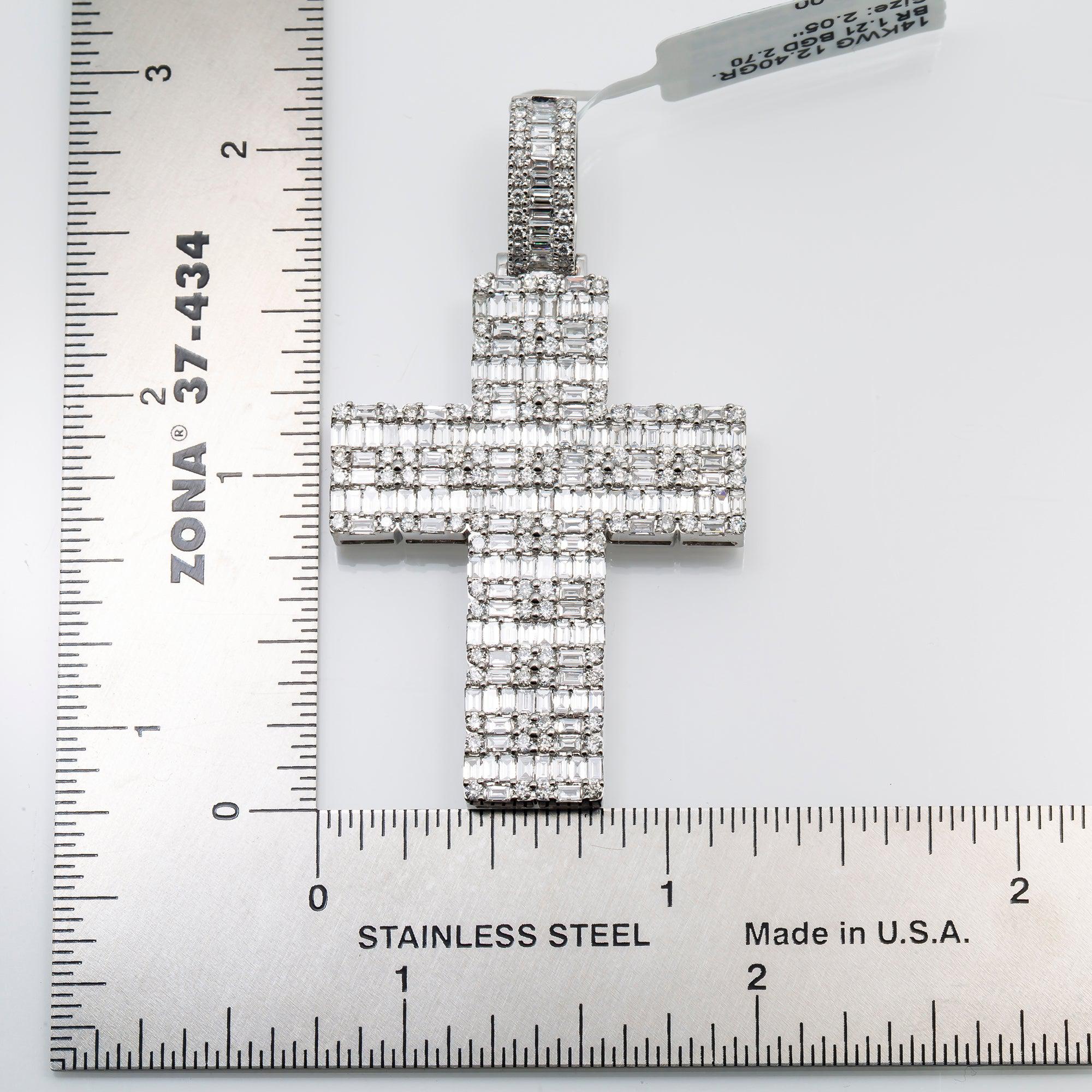 14K WHITE GOLD MEN'S BAGUETTE CROSS PENDANT WITH 3.70 CT DIAMONDS