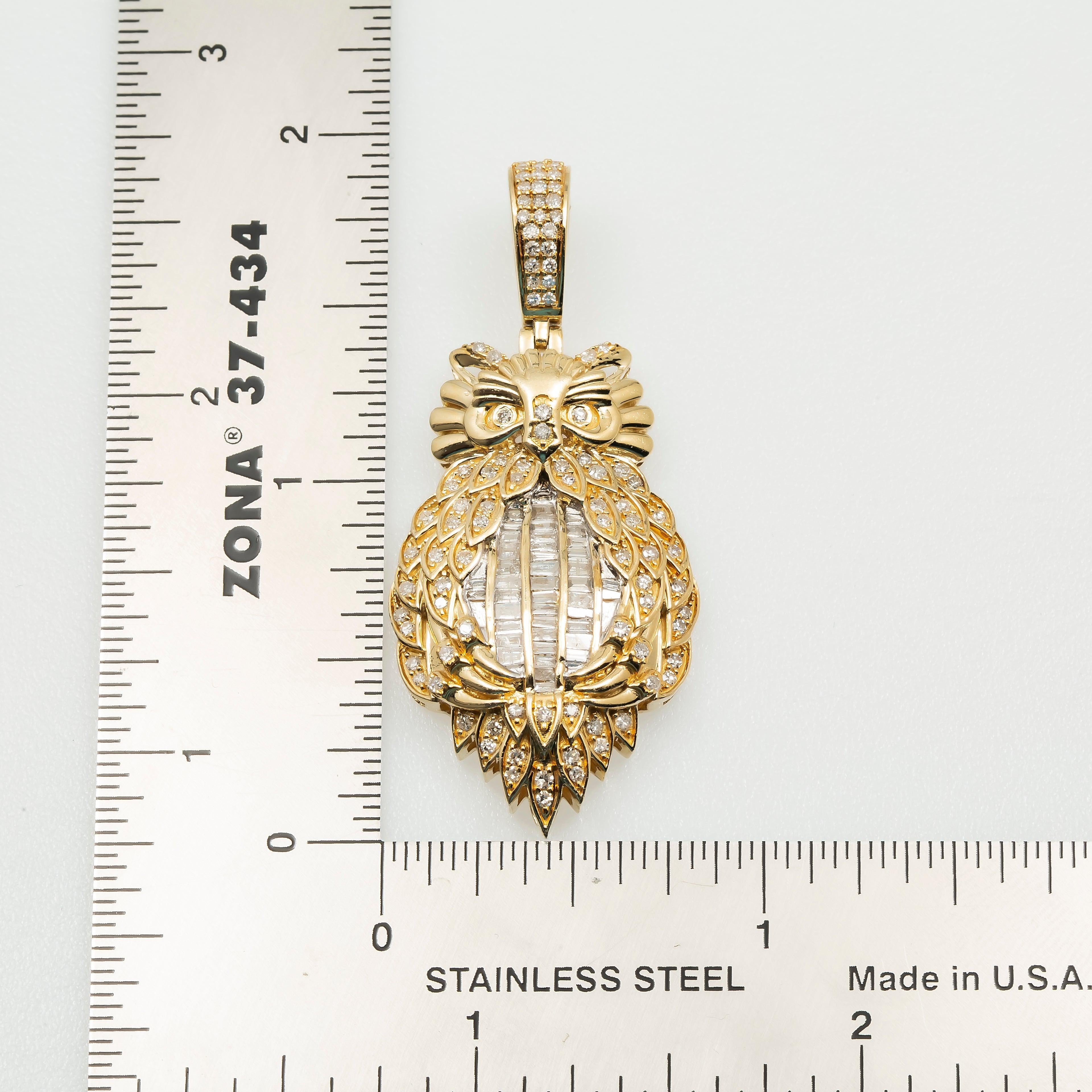 14K GOLD BAGUETTE DIAMOND OWL PENDANT 1.00 CT