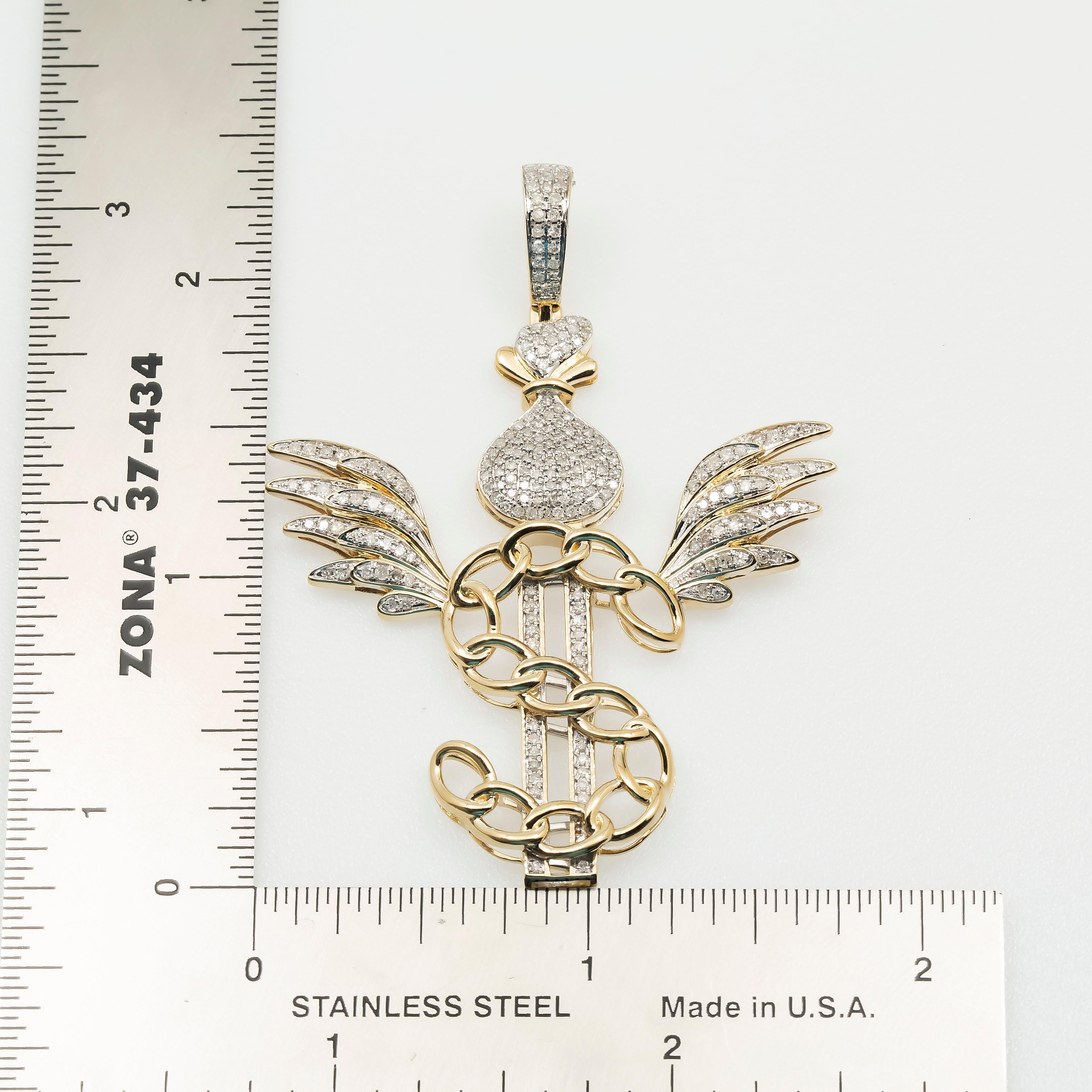 14K GOLD DIAMOND DOLLAR SIGN AND MONEY BAG WITH WINGS PENDANT 0.88 CT