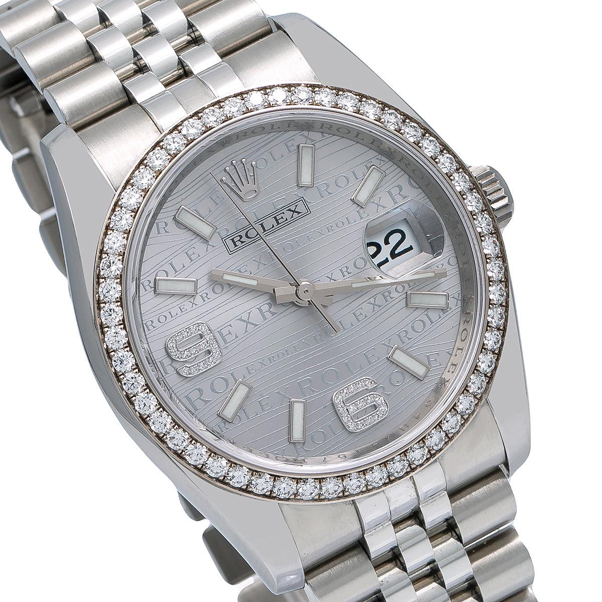 Rolex Datejust Diamond Watch, 116244 36mm, Rhodium Waves With Diamonds With Stainless Steel Jubilee Bracelet