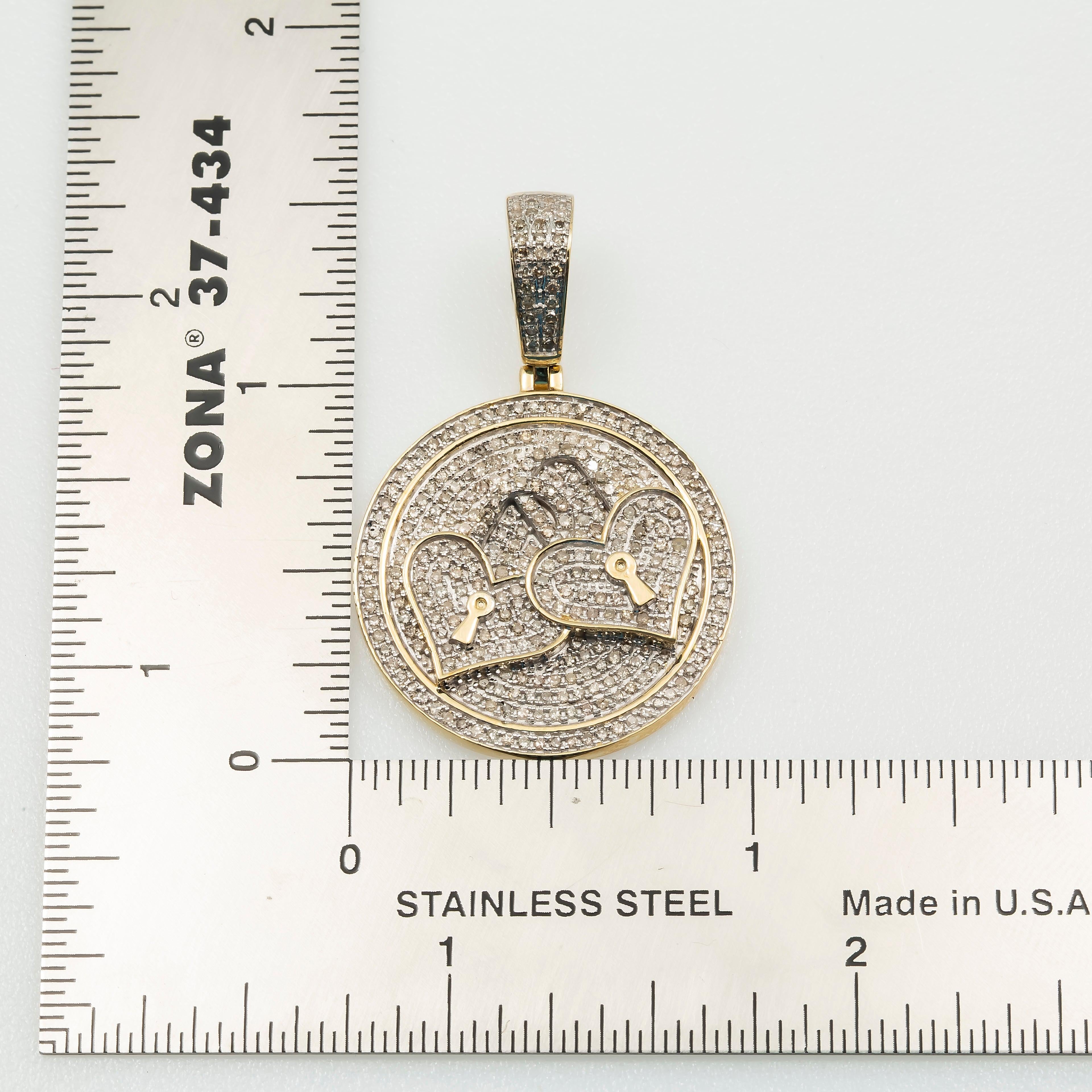 10K GOLD DIAMOND DOUBLE HEART LOCKS COIN PENDANT 1.03 CT