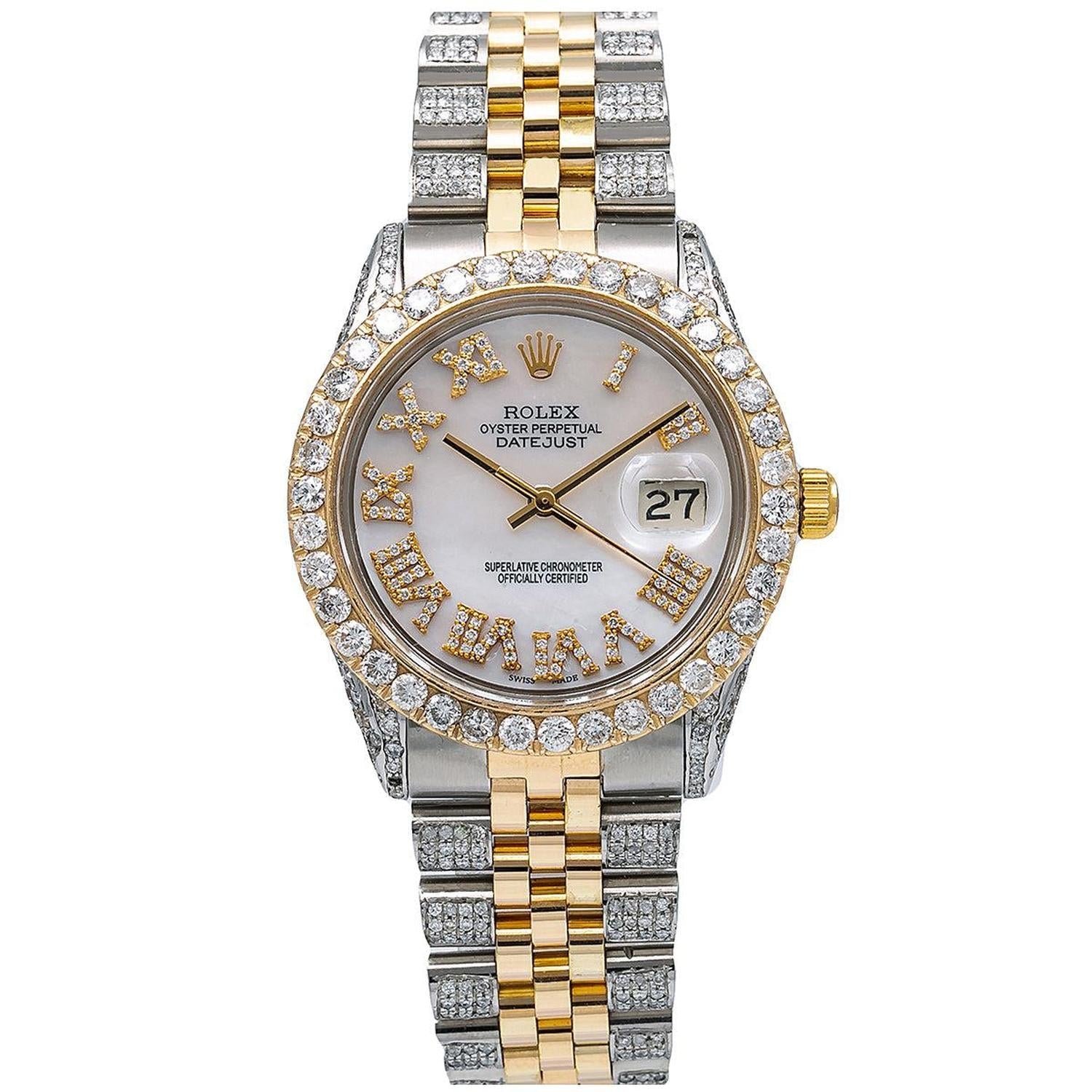 Rolex Datejust 36MM 1601 Mother of Pearl Roman Dial Diamond Bezel Two Tone Semi Diamond Jubilee Bracelet 8.75ct
