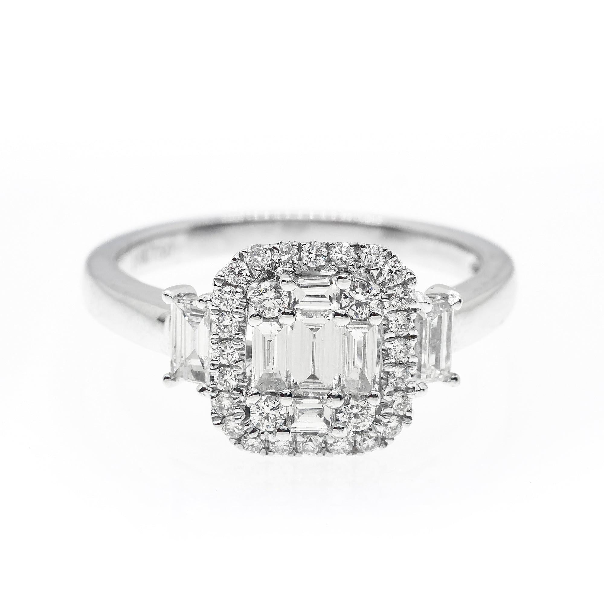 LADIES 18K WHITE GOLD ENGAGEMENT RING WITH BAGUETTE AND ROUND CUT DIAMONDS