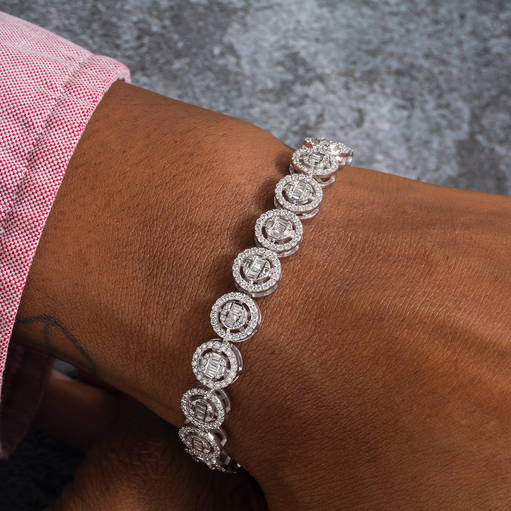 10K GOLD TWO TONE ROUND SHAPE BAGUETTE DIAMONDS BRACELET 4.38 CT