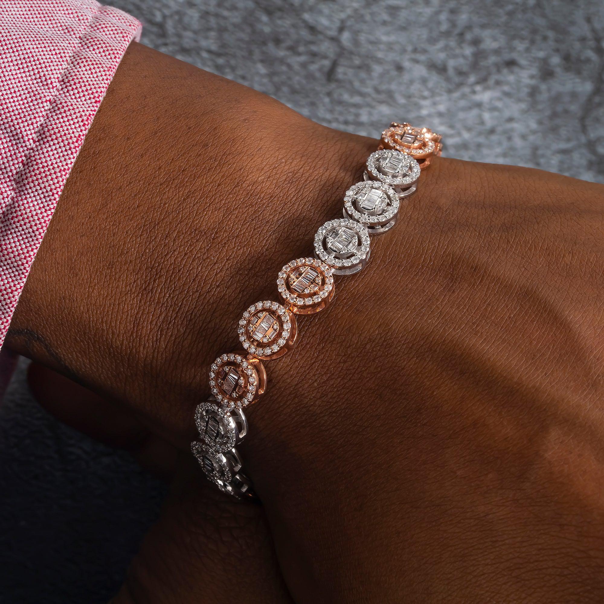 10K GOLD TWO TONE ROUND SHAPE BAGUETTE DIAMONDS BRACELET 4.38 CT