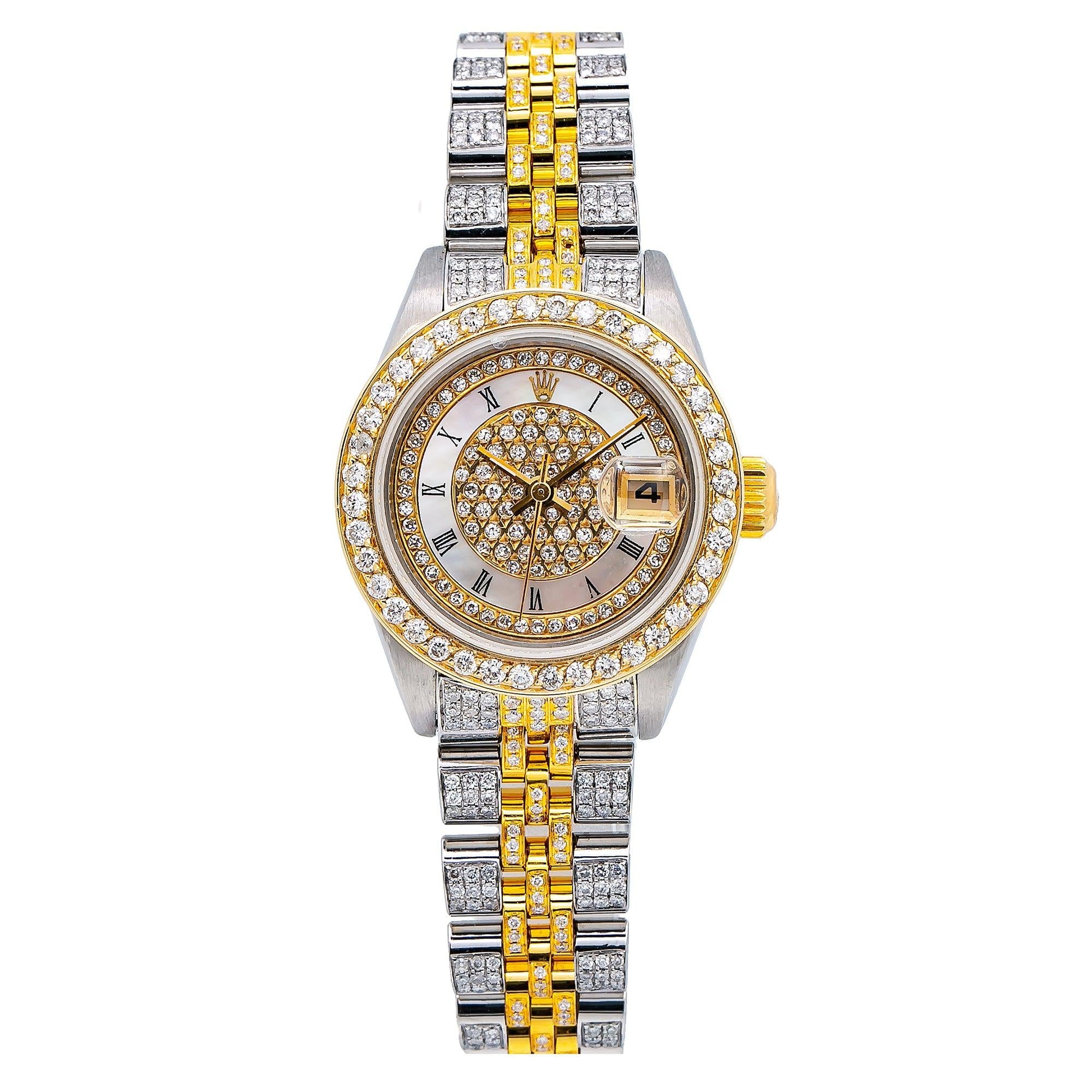 Rolex Datejust 26MM 69173 Diamond Paved Mother of Pearl Roman Dial Diamond Bezel Two Tone Full Diamond Jubilee Bracelet 5.25ct