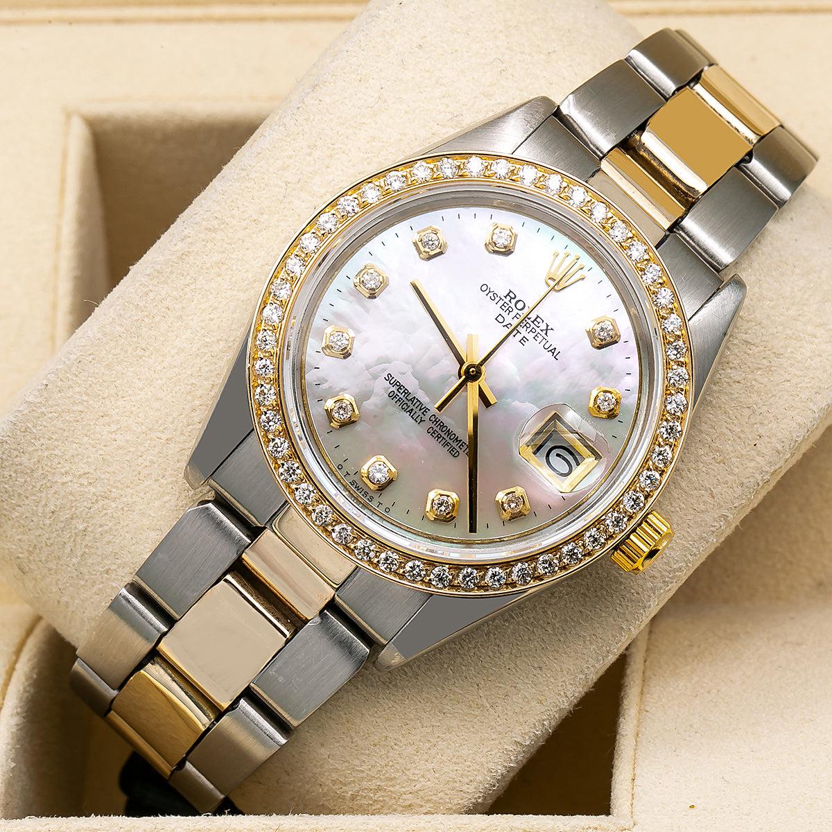 Rolex Date 1500 34mm Diamond Watch Mother of Pearl Dial With 1.20 CT Diamonds