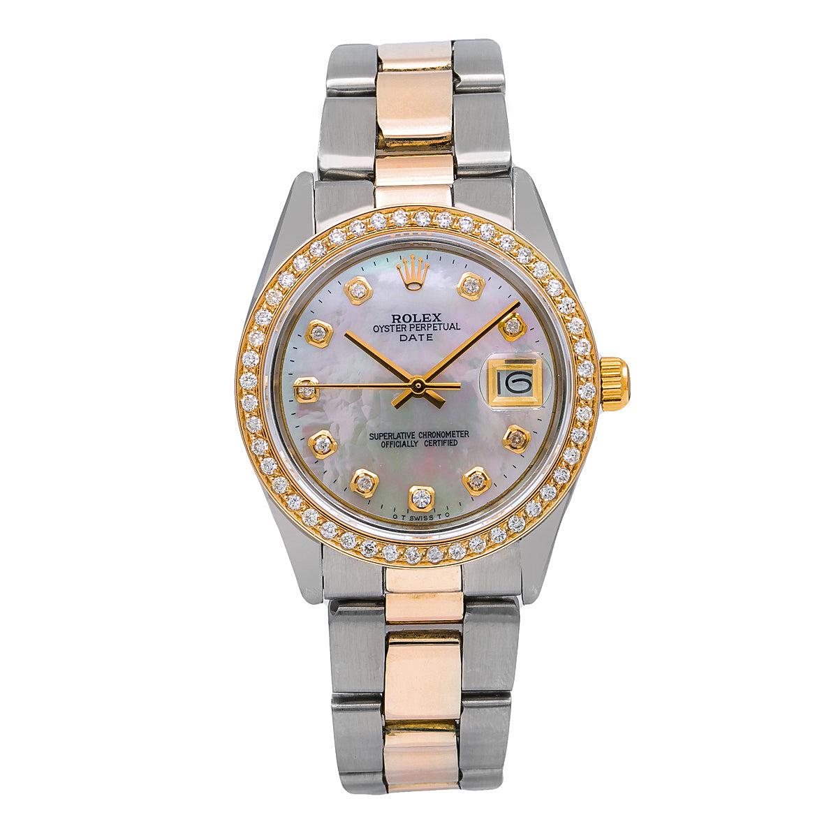Rolex Date 1500 34mm Diamond Watch Mother of Pearl Dial With 1.20 CT Diamonds