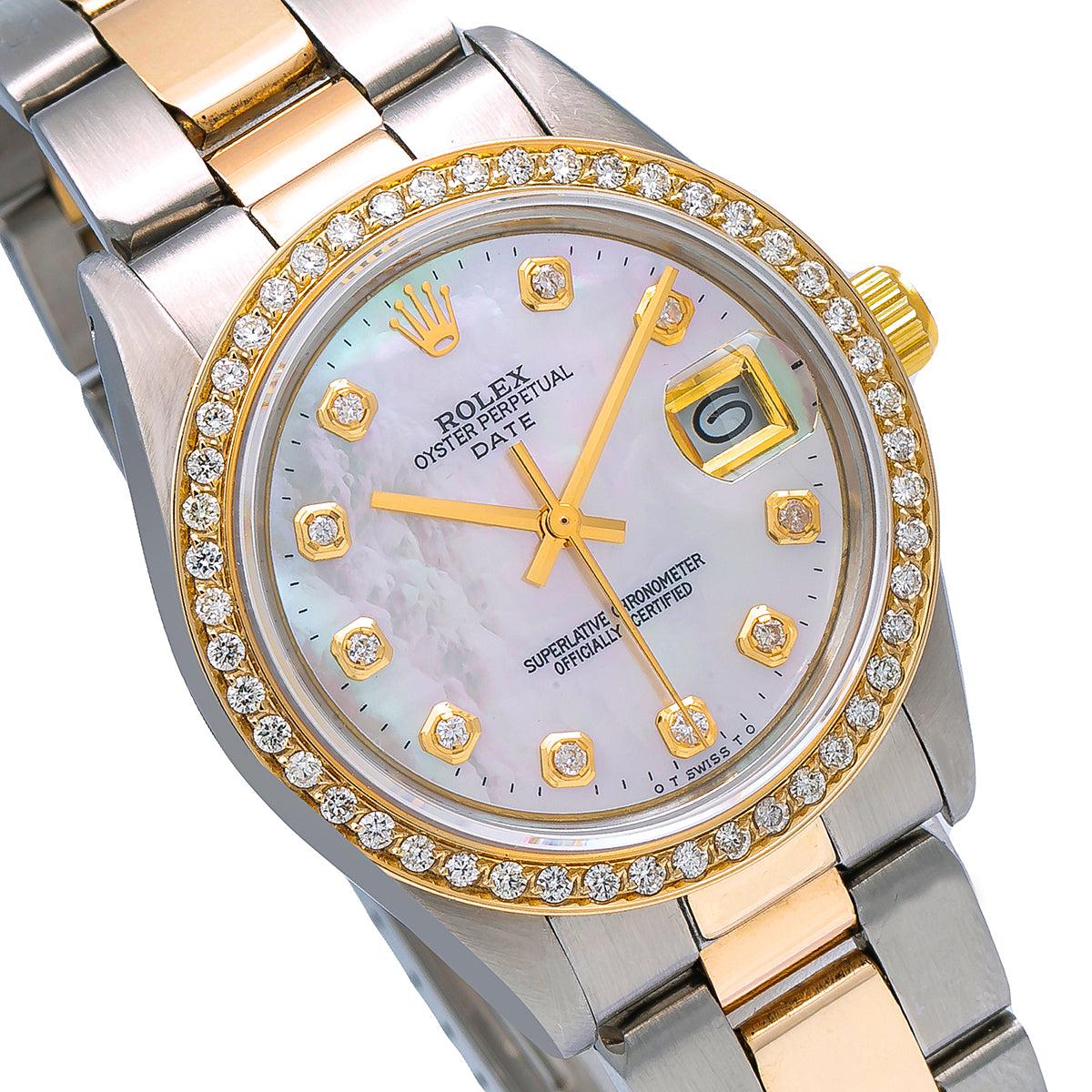 Rolex Date 1500 34mm Diamond Watch Mother of Pearl Dial With 1.20 CT Diamonds