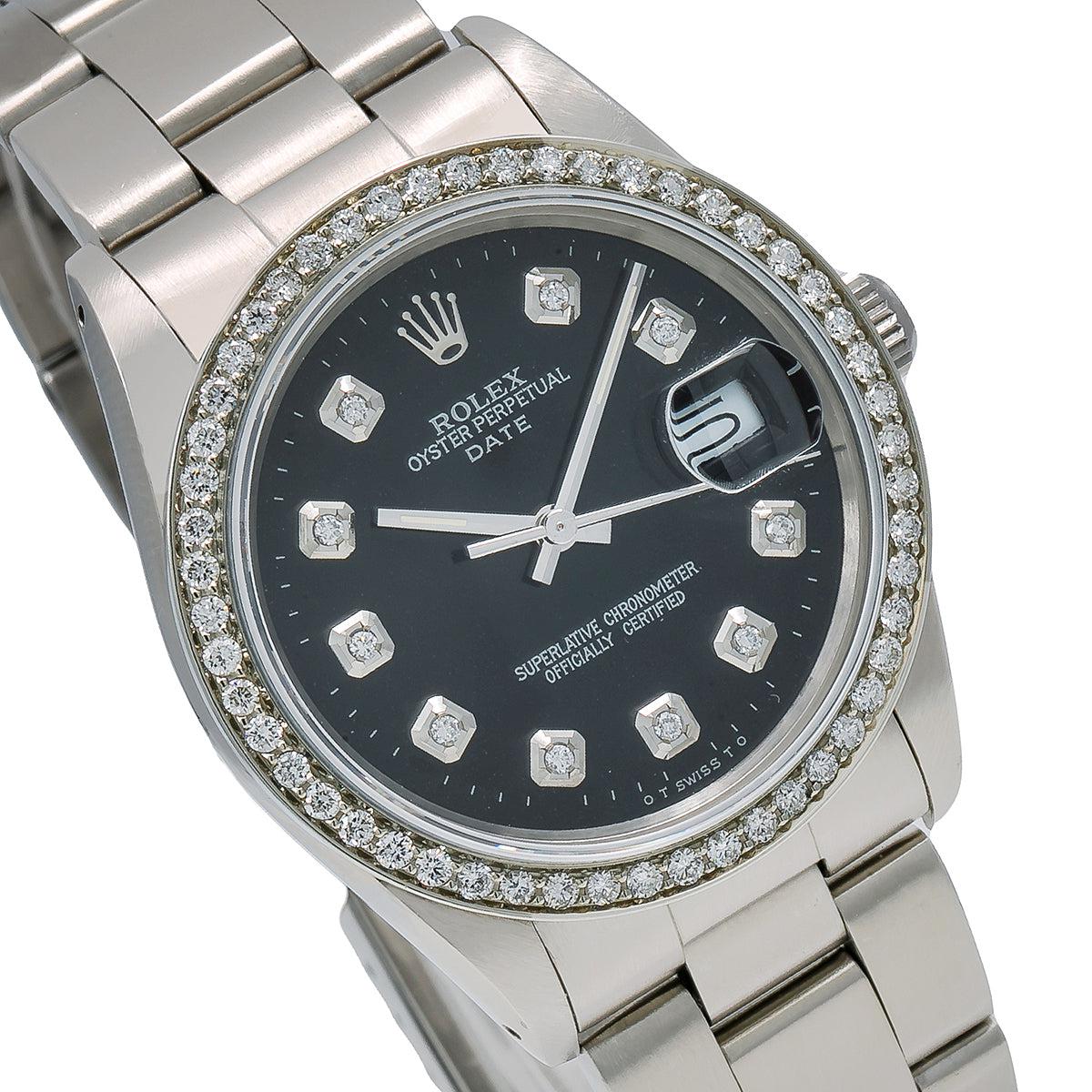 Rolex Oyster Perpetual Diamond Watch, Date 15000 34mm, Black Diamond Dial With 1.05 CT Diamonds