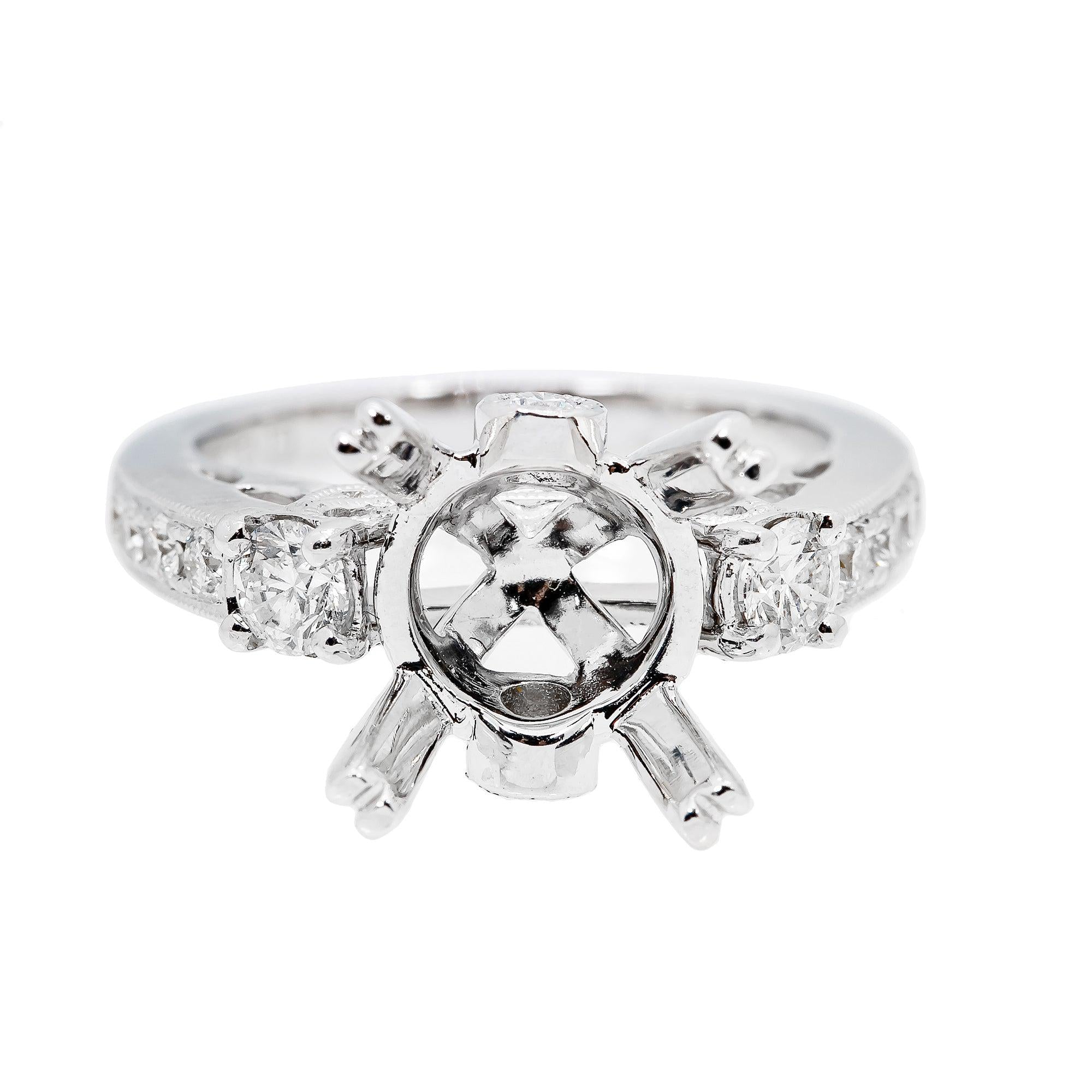 LADIES 18K WHITE GOLD DIAMOND SEMI MOUNT RING FOR ROUND CUT CENTER STONE