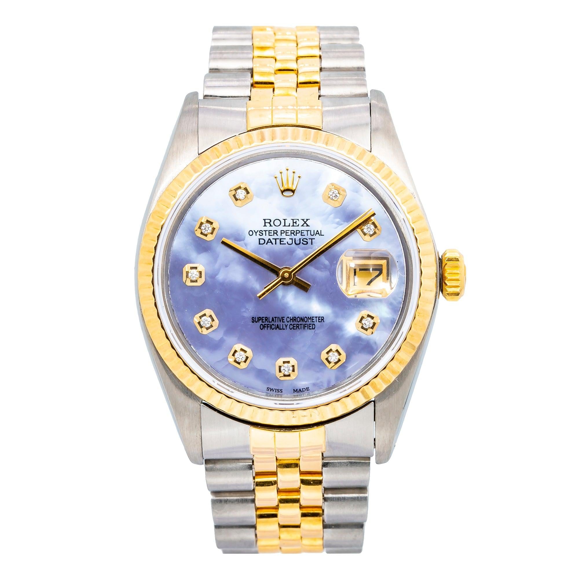 36 mm Rolex Datejust Blue Mother of Pearl Diamond Dial With Two Tone Jubilee Bracelet