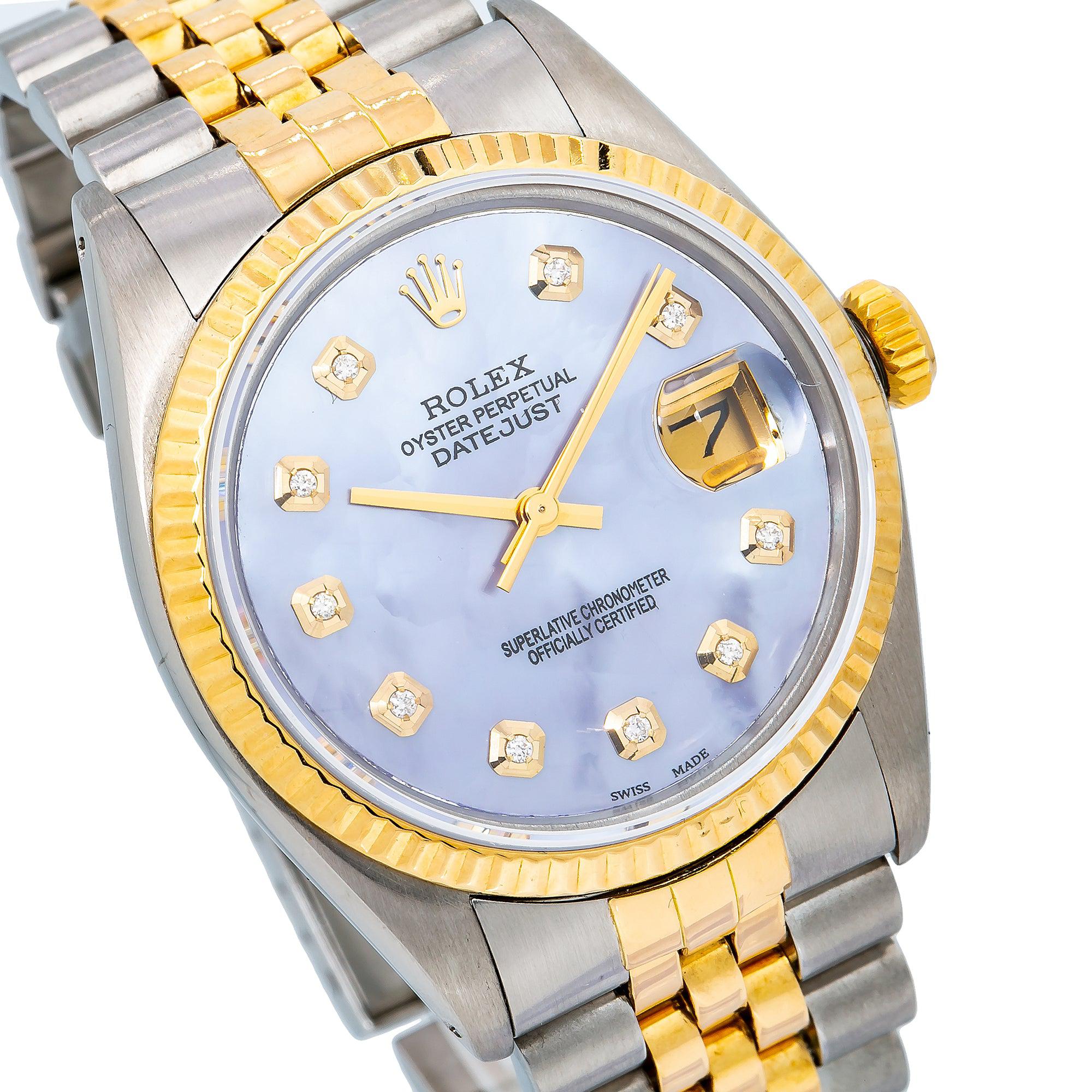 36 mm Rolex Datejust Blue Mother of Pearl Diamond Dial With Two Tone Jubilee Bracelet