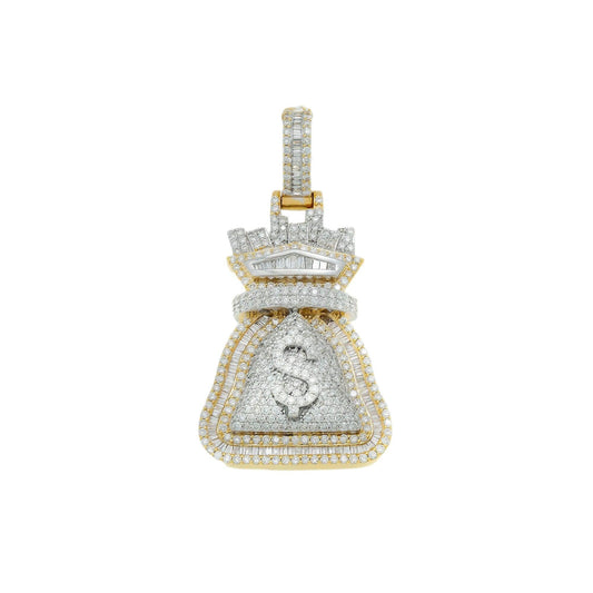 10K GOLD BAGUETTE DIAMOND MONEY BAG DOLLAR SIGN PENDANT 2.08 CT