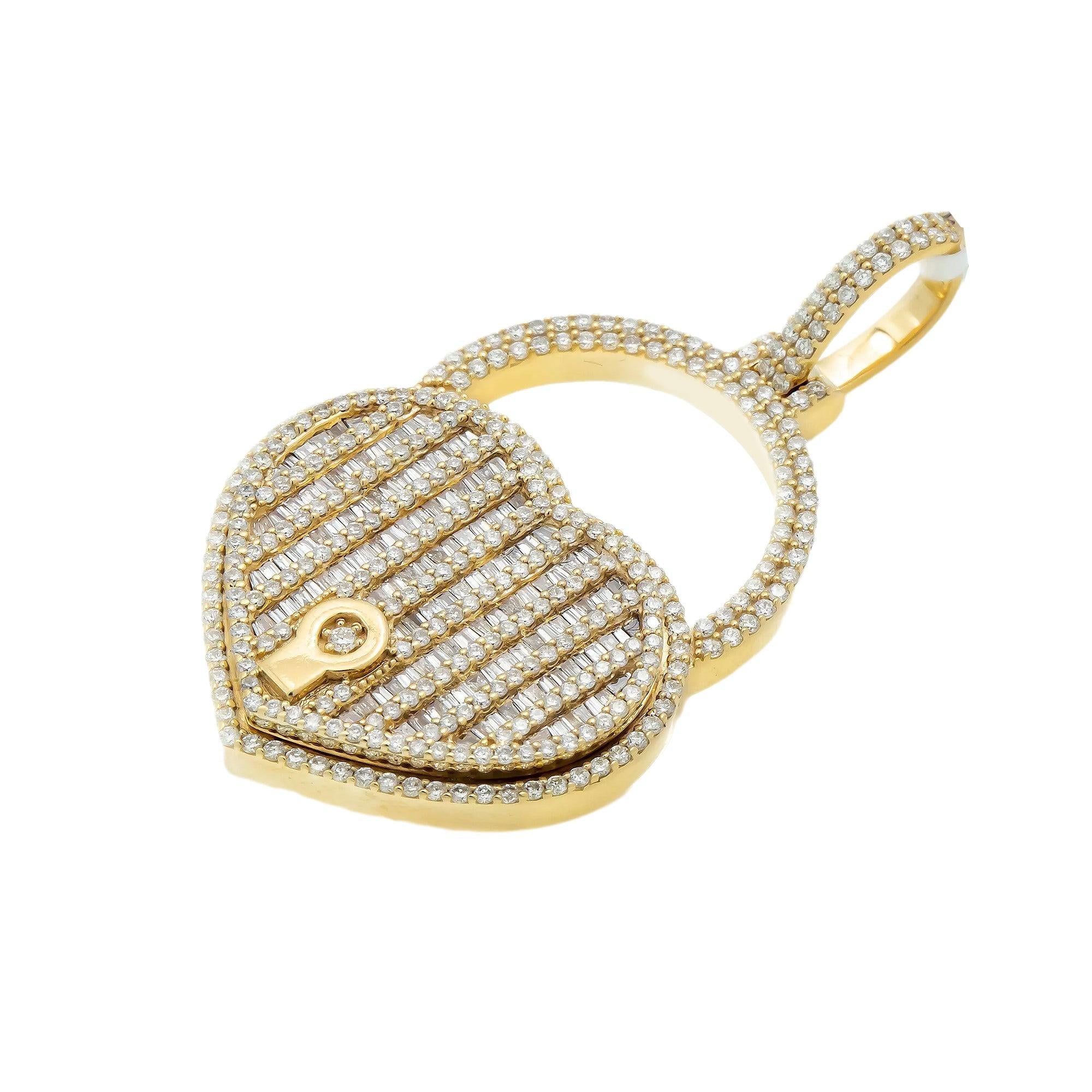 10K GOLD BAGUETTE DIAMOND HEART LOCK PENDANT 1.99 CT