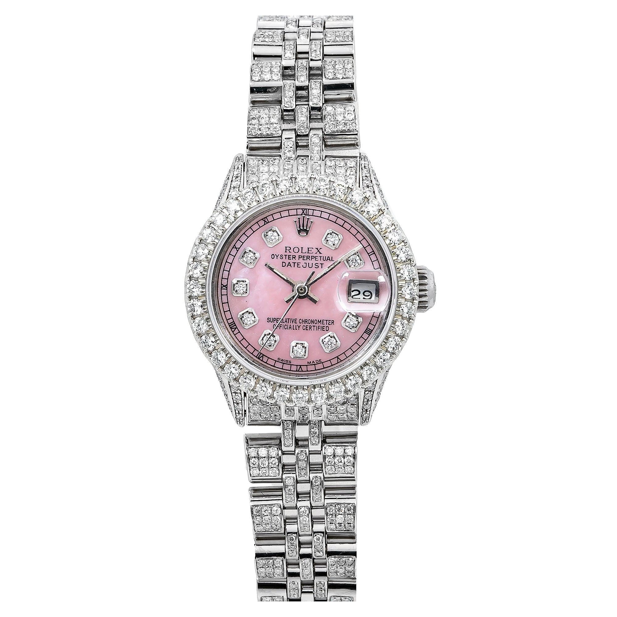Rolex Datejust 26MM 6916 Pink Mother of Pearl Diamond Dial Diamond Bezel Full Diamond Oyster Bracelet 6.75ct