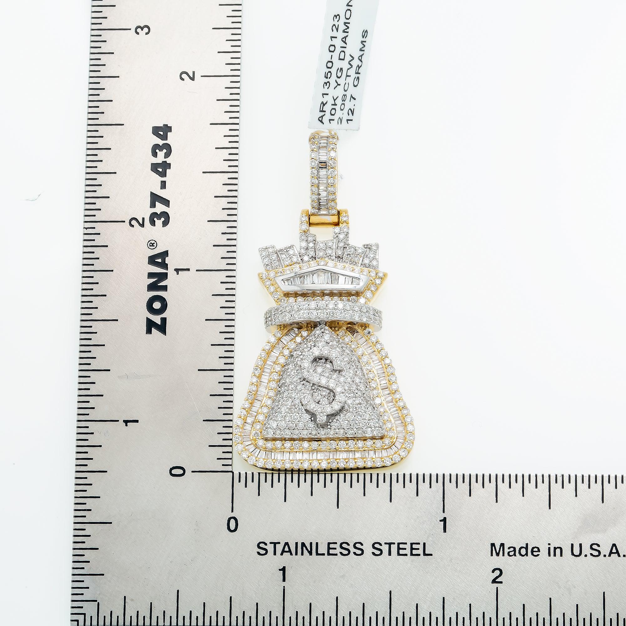 10K GOLD BAGUETTE DIAMOND MONEY BAG DOLLAR SIGN PENDANT 2.08 CT