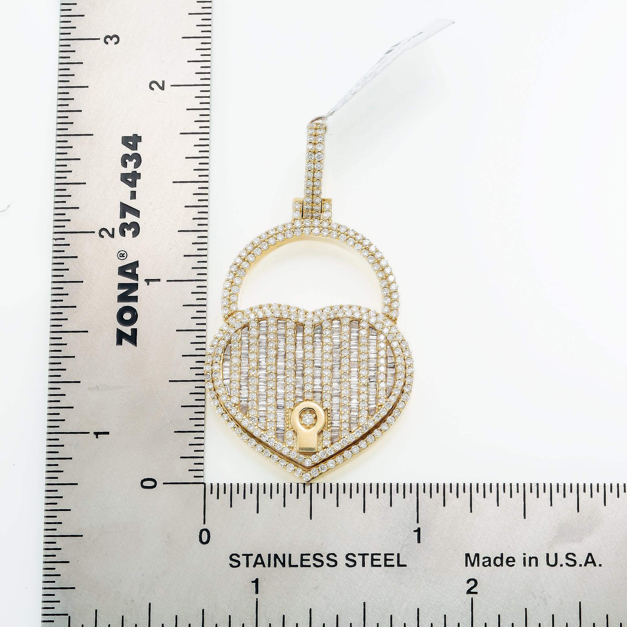 10K GOLD BAGUETTE DIAMOND HEART LOCK PENDANT 1.99 CT
