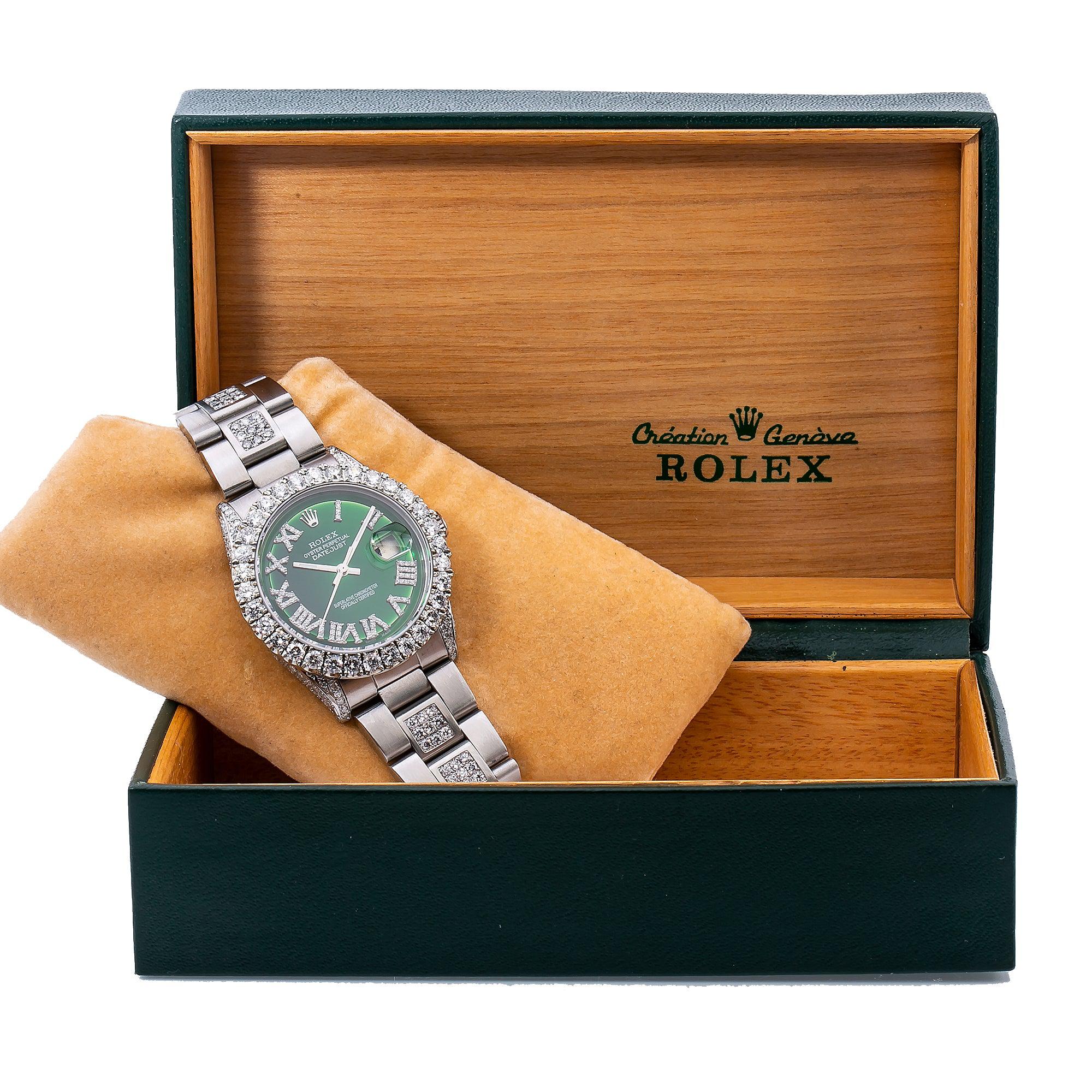 Rolex Datejust Diamond Watch, 6605 36mm, Green Diamond Dial With 8.25 CT Diamonds