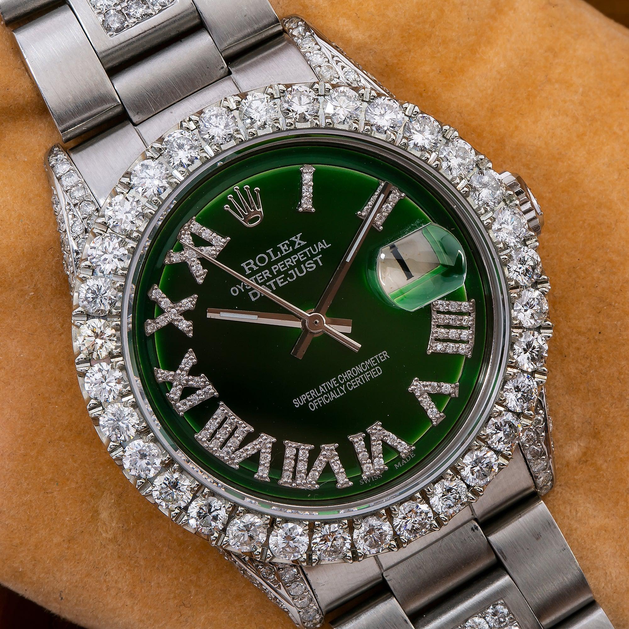 Rolex Datejust Diamond Watch, 6605 36mm, Green Diamond Dial With 8.25 CT Diamonds