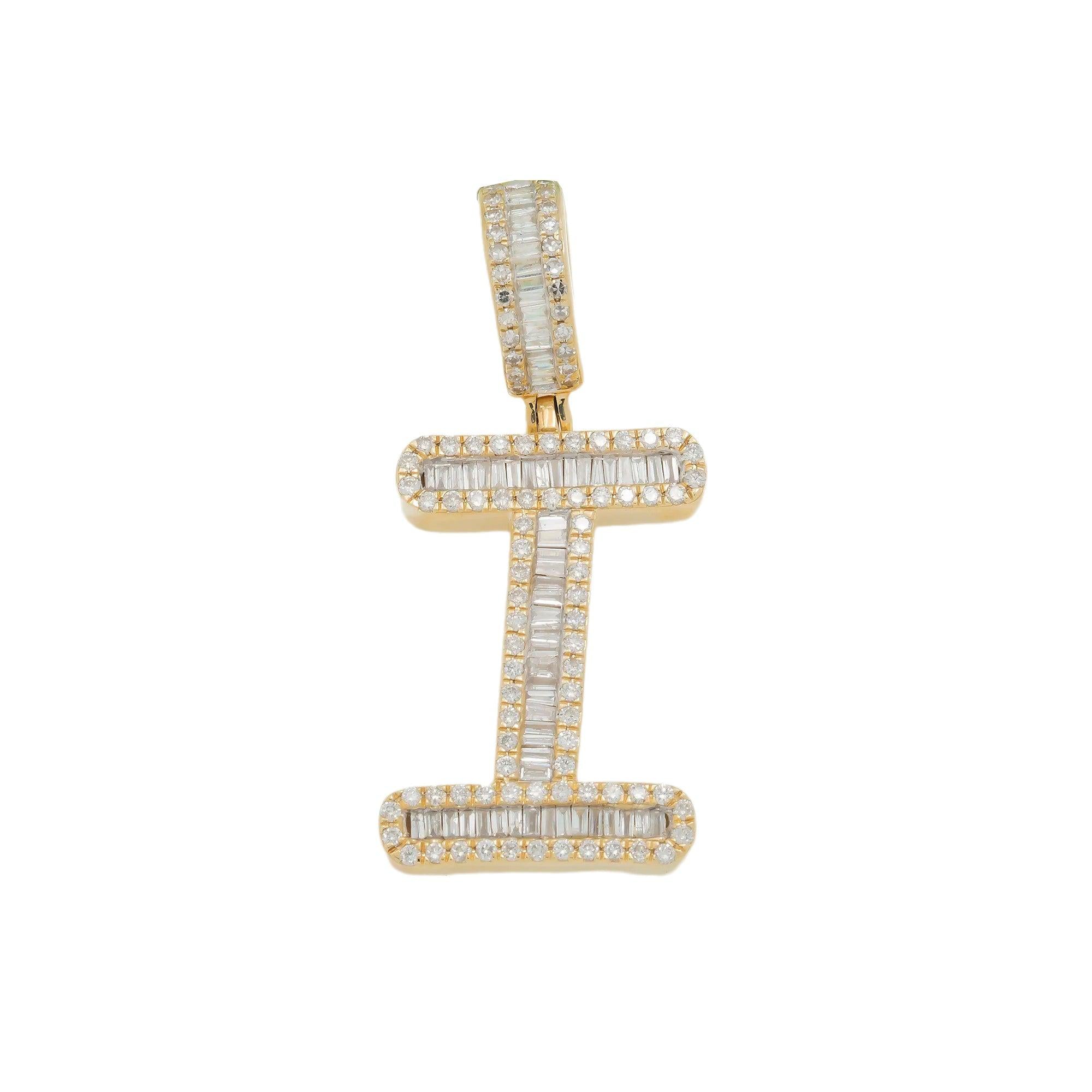 14K GOLD BAGUETTE AND ROUND DIAMOND INITIAL I PENDANT 1.60 CT