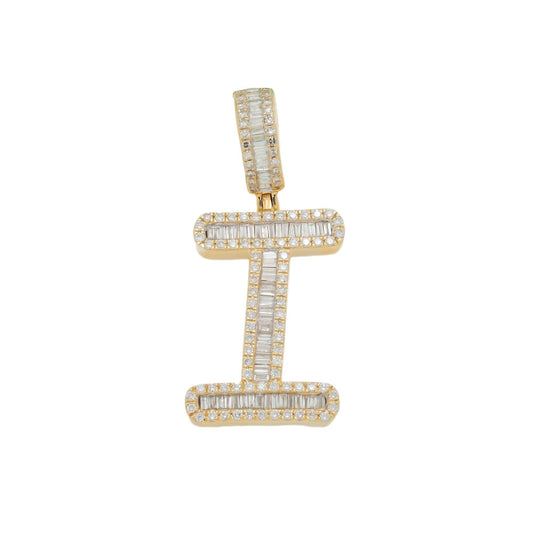 14K GOLD BAGUETTE AND ROUND DIAMOND INITIAL I PENDANT 1.60 CT