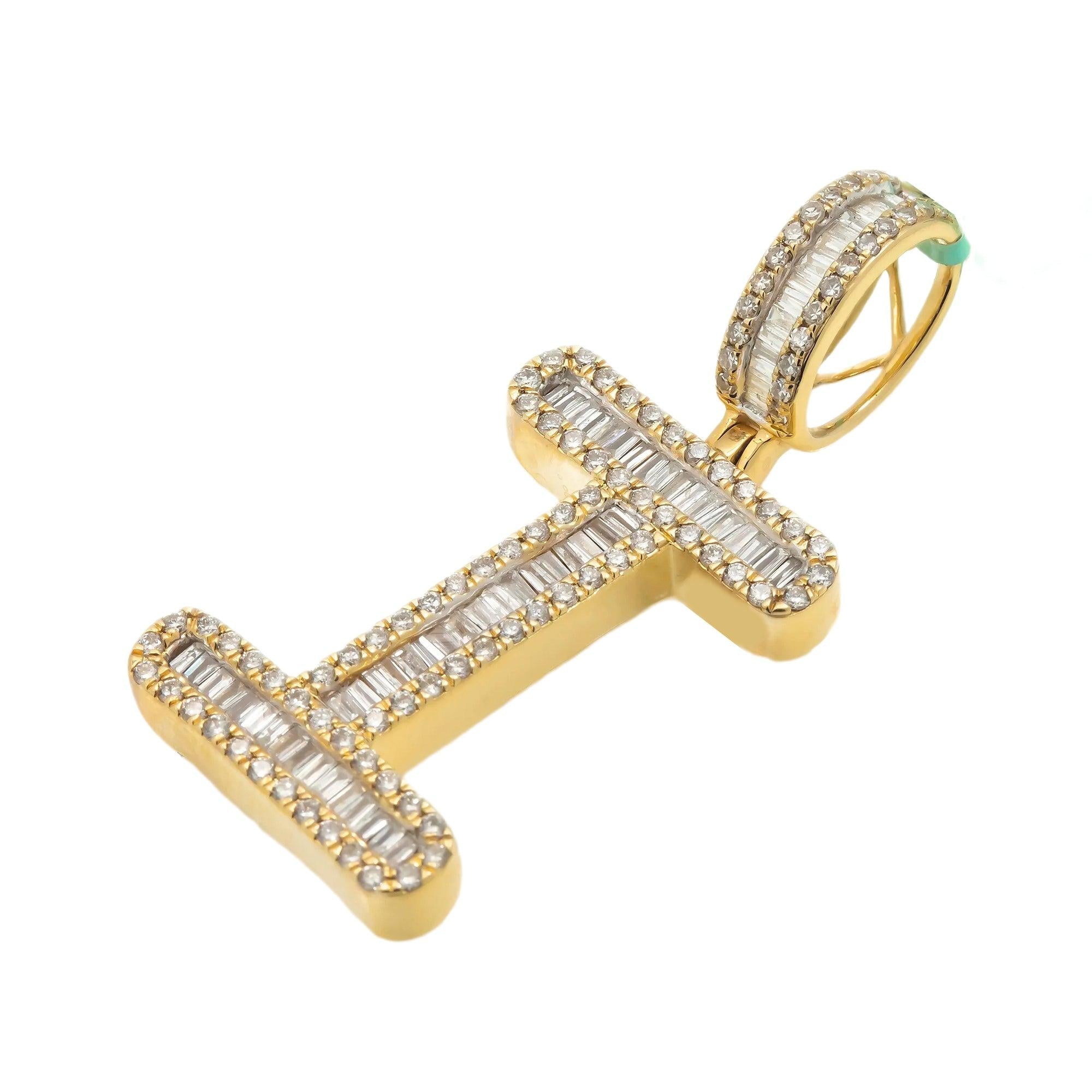 14K GOLD BAGUETTE AND ROUND DIAMOND INITIAL I PENDANT 1.60 CT