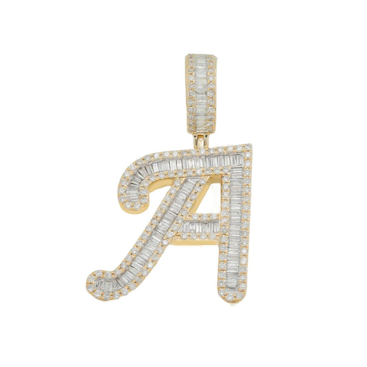 14K GOLD BAGUETTE AND ROUND DIAMOND INITIAL A PENDANT 2.35 CT