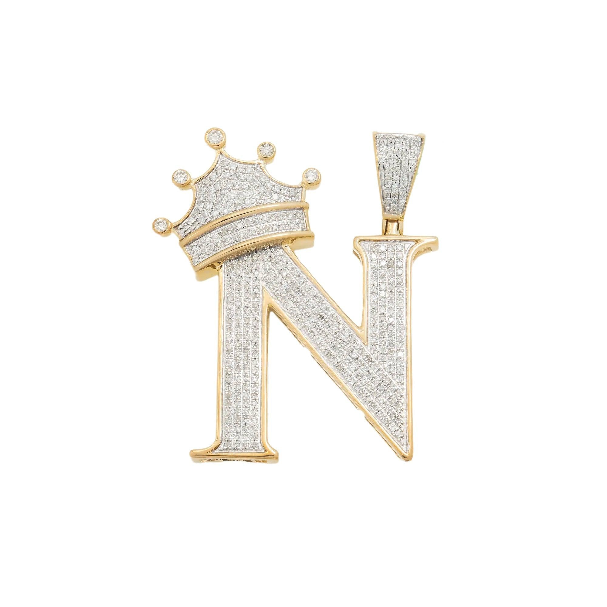 10K GOLD ROUND DIAMOND INITIAL N WITH CROWN PENDANT 1.15 CT