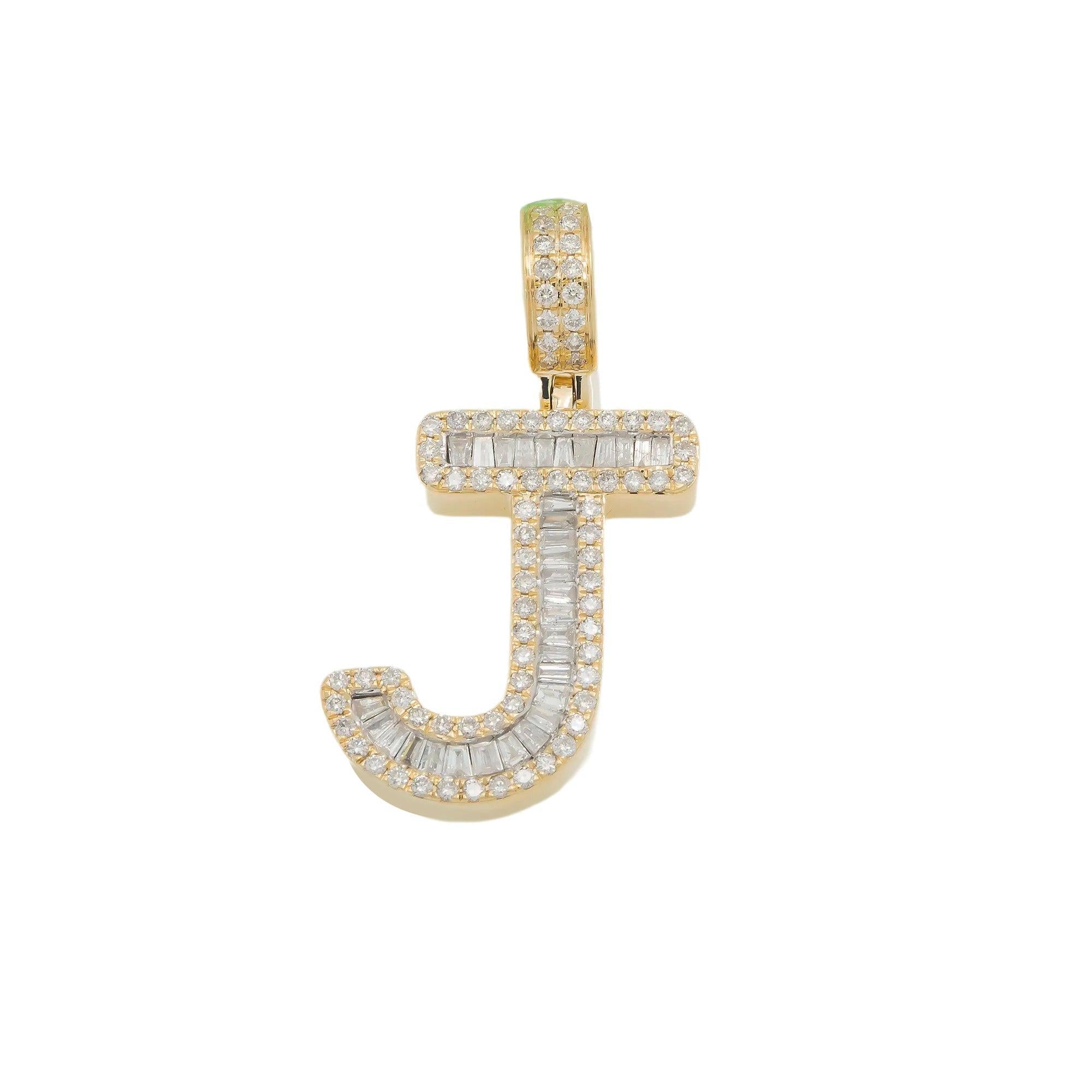 14K GOLD BAGUETTE AND ROUND DIAMOND INITIAL J PENDANT 1.60 CT